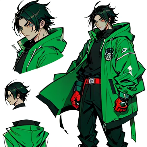 (manga style,concept art),young man with black hair,hooded coat down,green pupils, boxing gloves