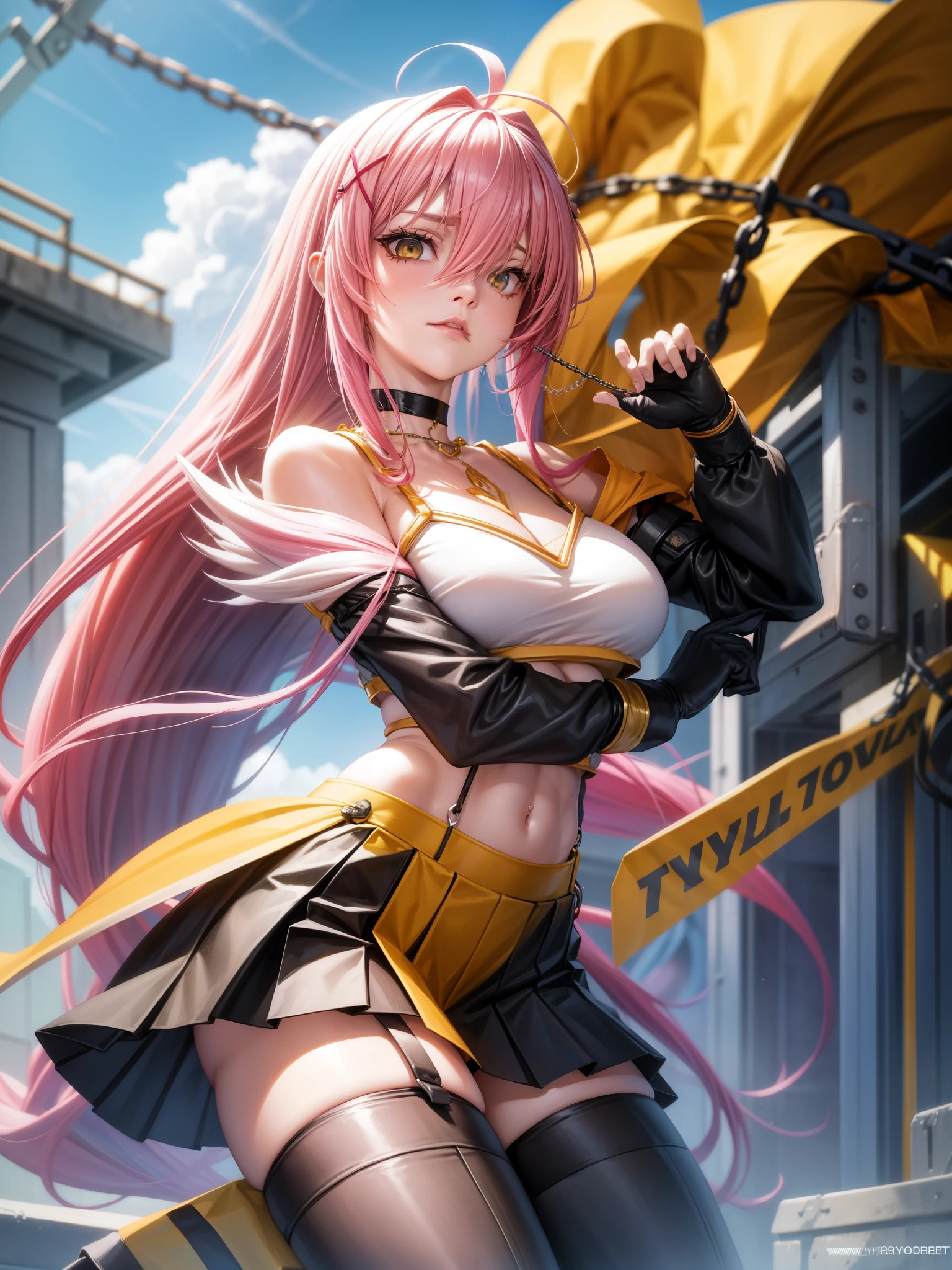 n3n33fthy, long hair, pink hair, hair over one eye, ahoge, yellow eyes, large breasts, choker, fishnets, thighhighs, navel, detached sleeves, crop top, chain, pleated skirt, jewelry, outdoors 