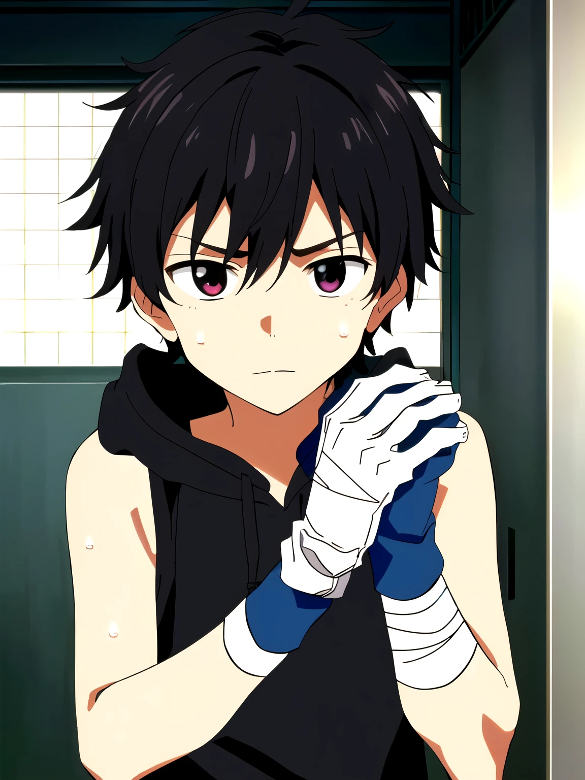 Highres, Masterpiece, Best quality at best,Best Quality,hight quality, hight detailed, 1boy, Boy,Messy hair, Side bangs, Shota, Sweat, Sleeveless hoodie, Glove, Depth of field, Anime screencap style, thin line, Seen from the front, Little sweat, Bandages om face, Cute boy, (very small and short stature), (very young boy), 12-year-old boys, Blurry and simple beckground, bokeh, Uhd