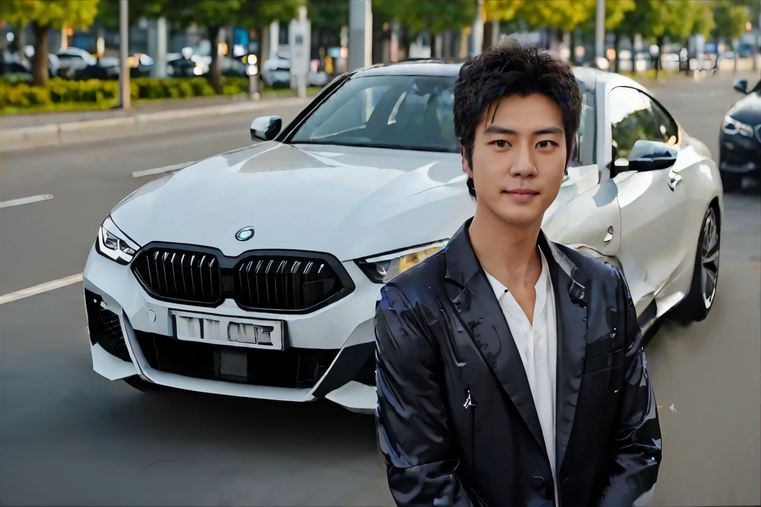 ((Wear black suit, white shirt and tie))((A young and handsome Japanese guy who looks like an electric idol star.Smile, look in the direction of the camera and maintain eye contact.Hair oiled and shiny)) Masterpiece. real picture. Highest quality. Japanese star Kimura Takuya. Masaharu Fukukawa.