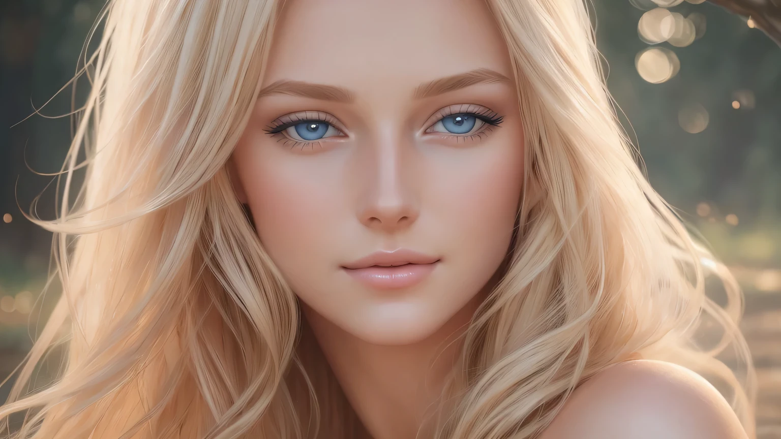 Soft portrait of a beautiful blonde woman, flowing golden hair, captivating blue eyes, delicate features, natural makeup, elegant attire, gentle expression, subtle blush, warm skin tones, ethereal lighting, soft shadows, high-resolution digital painting, realistic style, artistic interpretation, by a skilled portrait artist