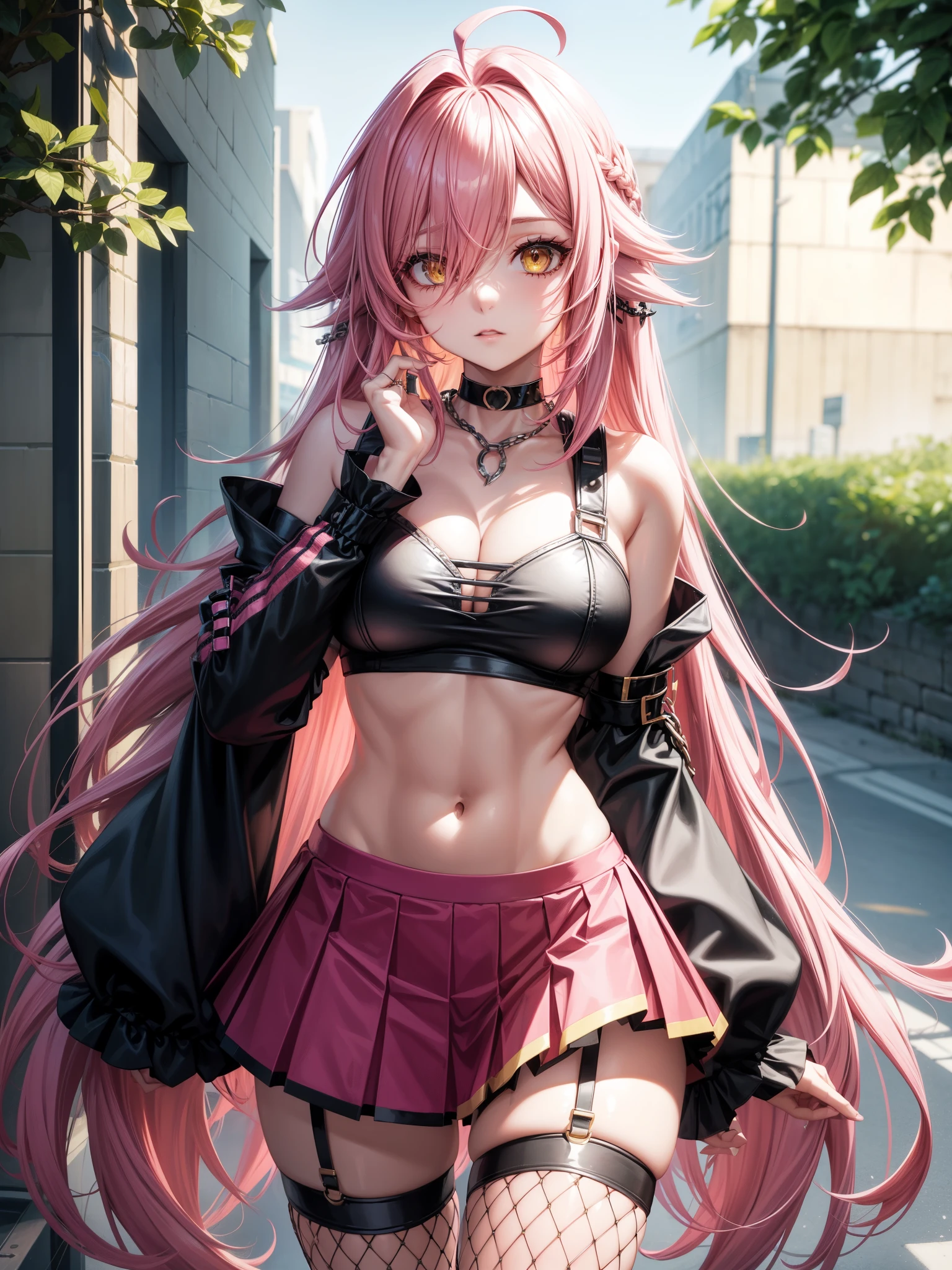 n3n33fthy, long hair, pink hair, hair over one eye, ahoge, yellow eyes, large breasts, choker, fishnets, thighhighs, navel, detached sleeves, crop top, chain, pleated skirt, jewelry, outdoors 