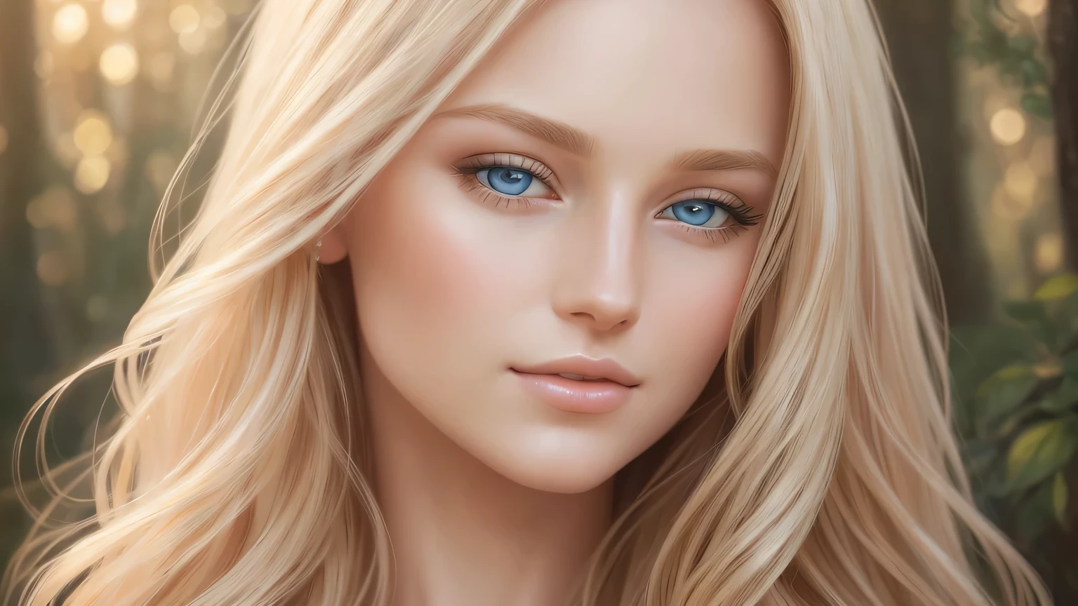 Soft portrait of a beautiful blonde woman, flowing golden hair, captivating blue eyes, delicate features, natural makeup, elegant attire, gentle expression, subtle blush, warm skin tones, ethereal lighting, soft shadows, high-resolution digital painting, realistic style, artistic interpretation, by a skilled portrait artist