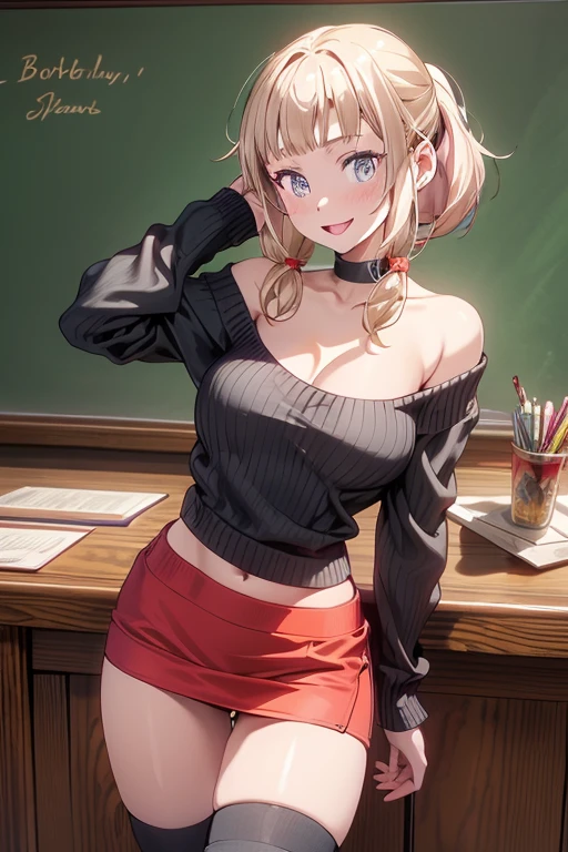 (dynamic angle:1.3, front view:1.1, breast focus:1.3, from below:1.2), (dynamic posing:1.5, sexy posing:1.2, leaning forward), (seductive smiling:1.3), ((looking at viewer, holding a cake)),highest quality、(real、photorealistic:1.4),(ultra high resolution, 8K RAW photo, clear focus), best qualtiy, natural lighting, field depth, (Bright pupils, detailed beautiful eyes, high detailed face), Red lip, (tight focus:1.2, from below), sexy posing, a girl 22yo old, teacher, wearing a , bootyshorts, Thicc, thin breast, long hair, blue eyes,off-shoulder dress, sweater dress, off-shoulder sweater, red sweater,garter stocking, cleavage:1.1, midriff, black shorts, black thighhighs, thigh strap, pretty girl, (highly detailed beautiful face and eyes,firm breasts),real skin,((black,hair,long pony tail hair)),thin pubic hair,cute,lovely, detailed eyes, This masterpiece is only visually stunning but also tells,(double breasted:1.2,under bust:1.2),(with sparkling eyes and a contagious smile),open mouth, Looking at Viewer,
