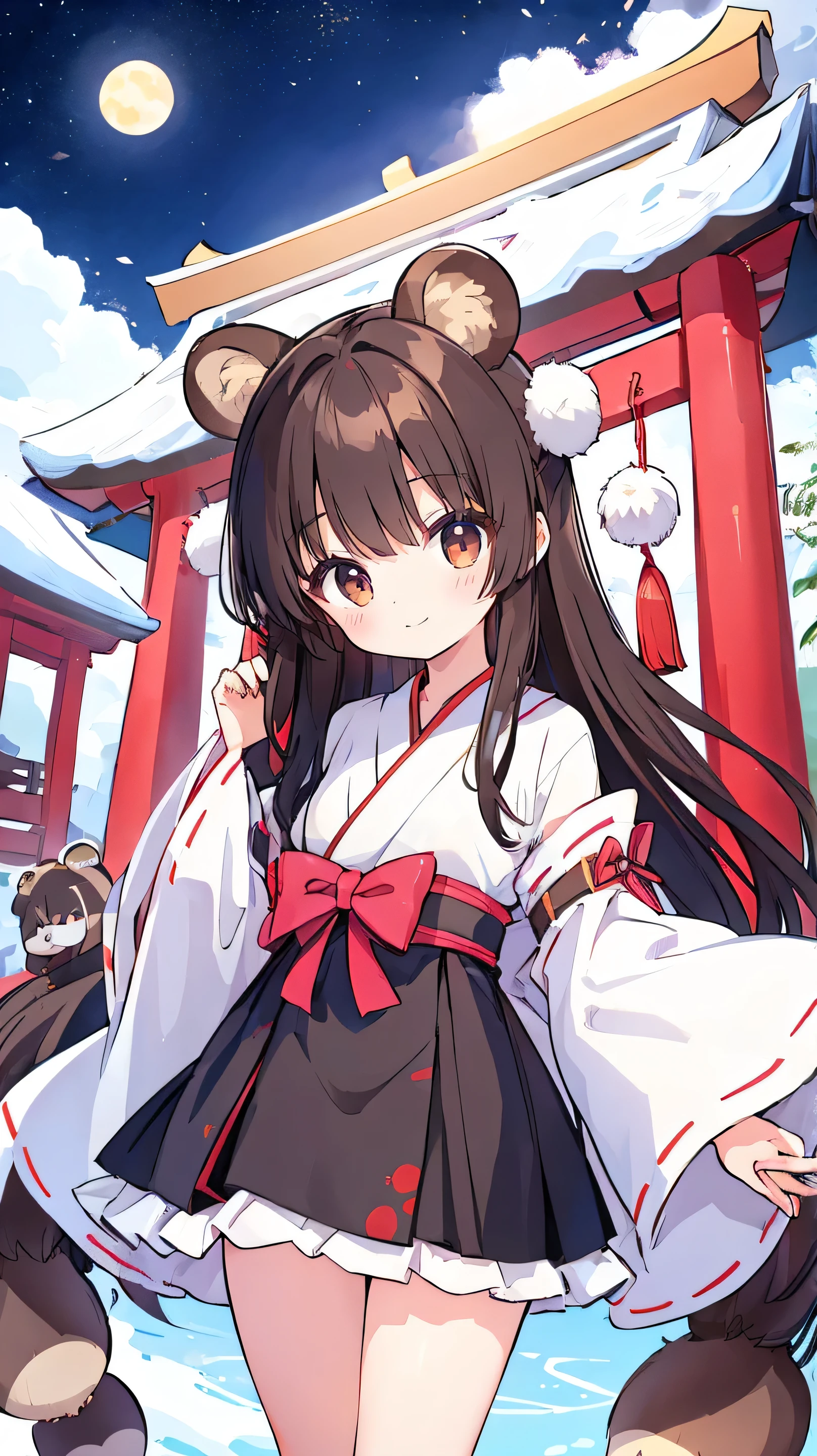 Very cute girl、12 years old、Black Hair、Shrine maiden costume、Brown Hair、Long Hair、Round raccoon ears