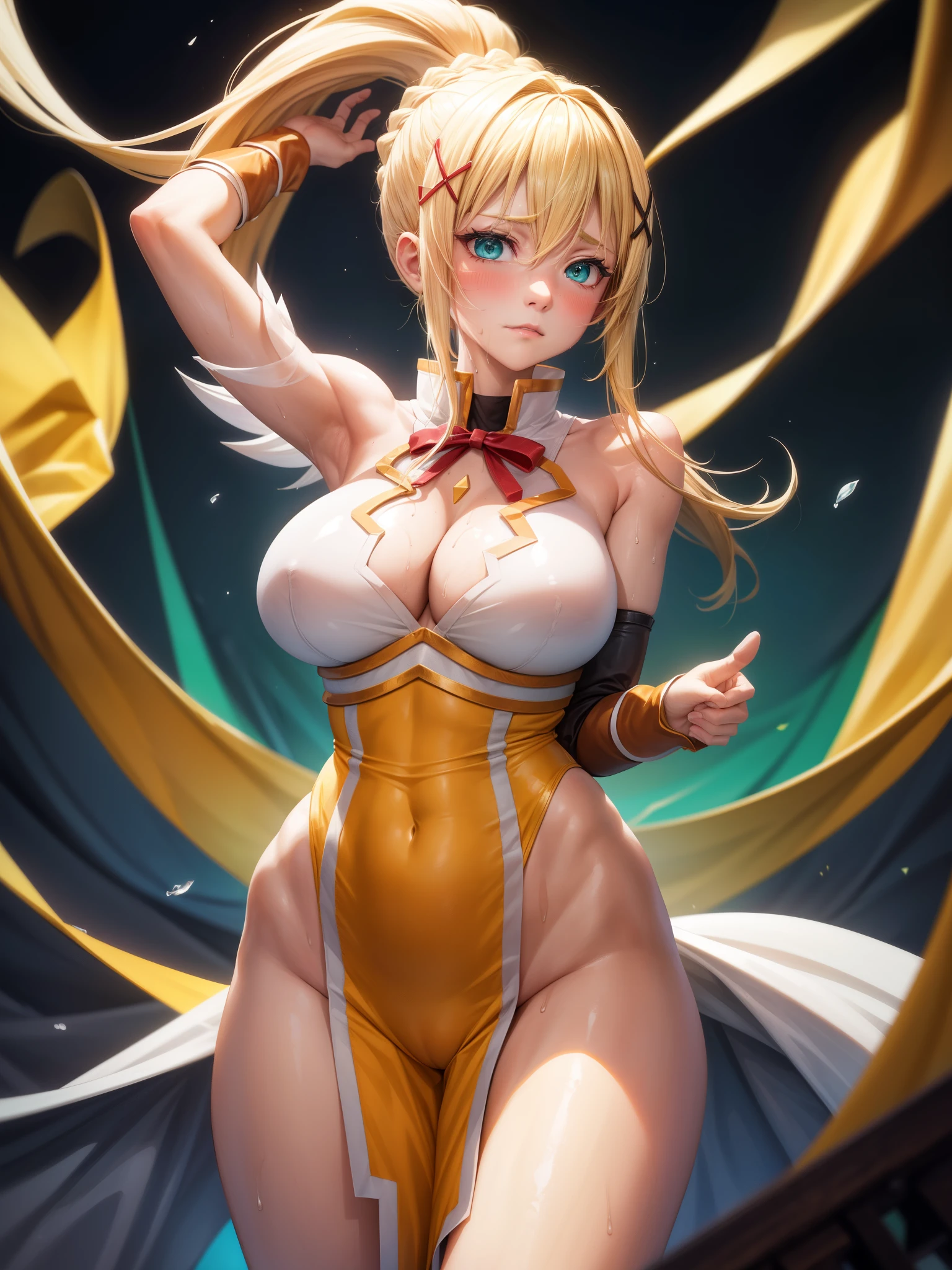 score_9,score_8_up,score_7_up,
1 girl, solo, , matul,
standing, hands behind head,
looking at the viewer, blush, sweaty skin, wet skin, oiled skin, half closed eyes,
huge breasts, cmpit hair, female pubic hair,
nude breasts, hig thonmple background, white background:1),
darkness \(konosuba\), long hair, green eyes, blonde hair, hair ornament, ponytail, braid, x hair ornament