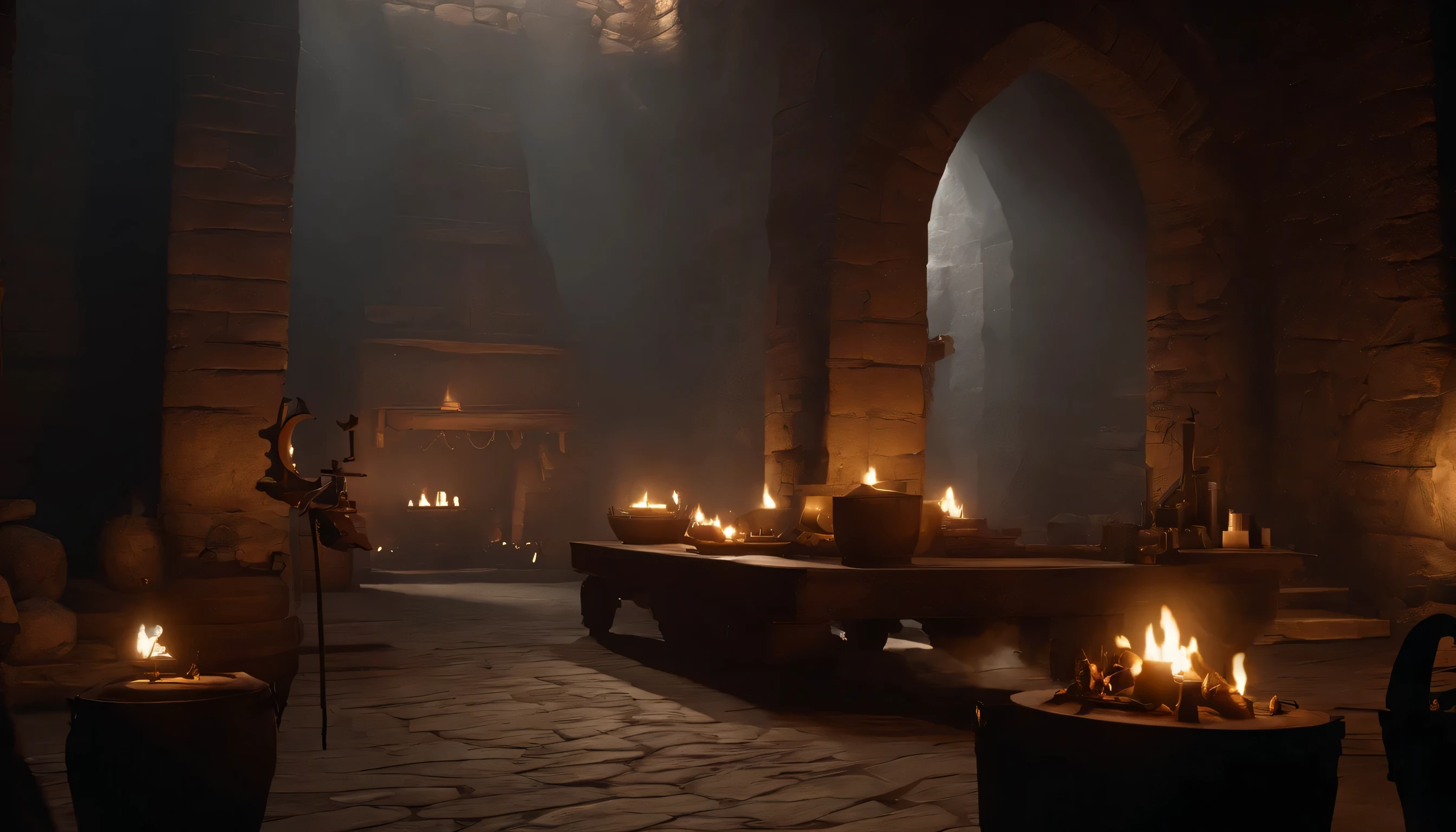 45° top-down，large scene，Wide-angle perspective，depth of fields，((Best quality at best)), ((tmasterpiece)), ((ultra - detailed)), (illustratio), (detailedlight),A dark dungeon with a weapons depot and a forge，Large blacksmith furnace，Iron felt，Weapon racks