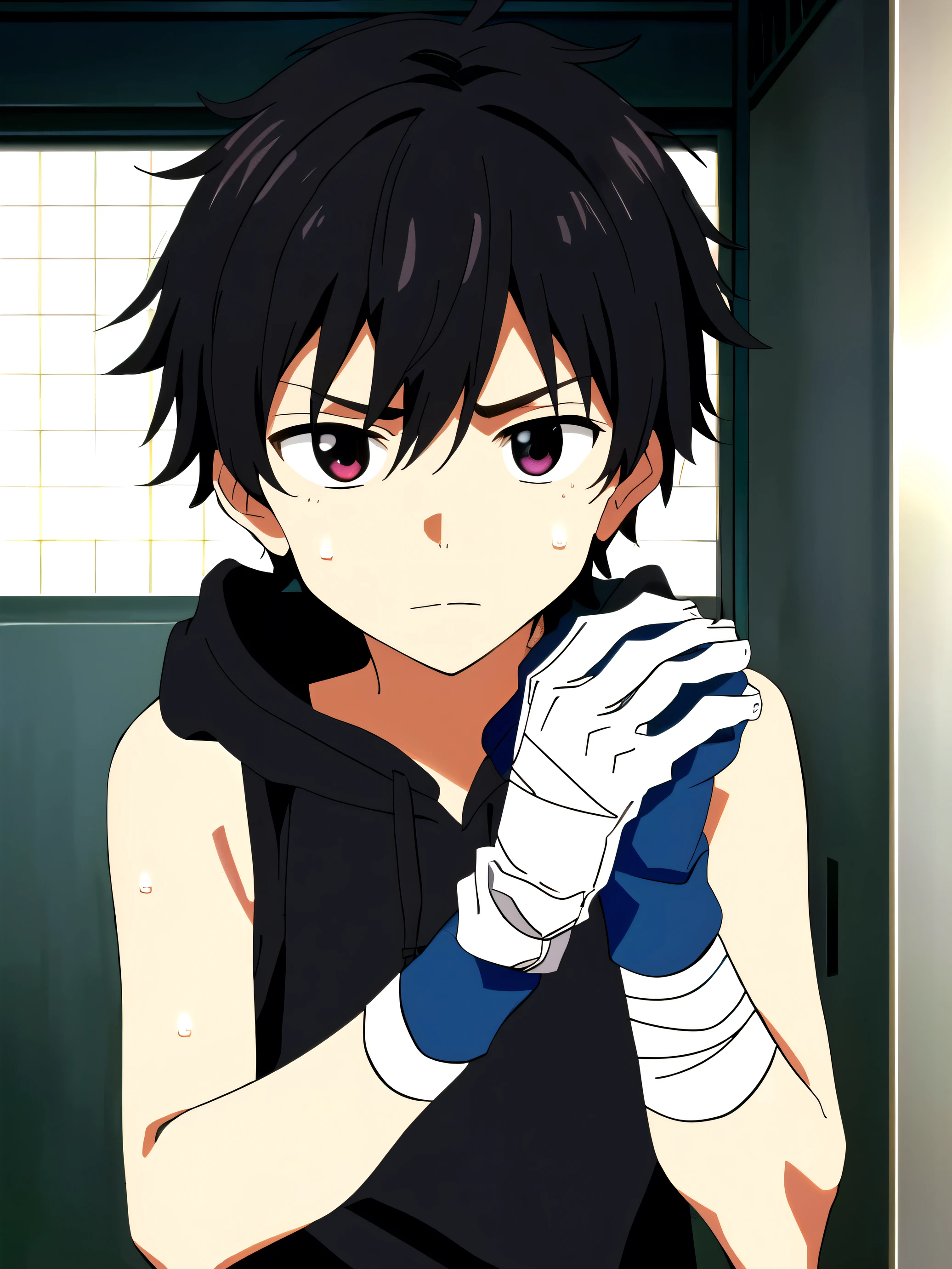 Highres, Masterpiece, Best quality at best,Best Quality,hight quality, hight detailed, 1boy, Boy,Messy hair, Side bangs, Shota, Sweat, Sleeveless hoodie, Glove, Depth of field, Anime screencap style, thin line, Seen from the front, Little sweat, Bandages om face, Cute boy, (very small and short stature), (very young boy), -yeld bo Blurry and simple beckground, bokeh, Uhd