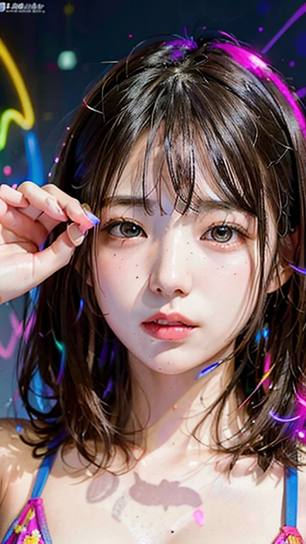 (close), Portraiture, Portraiture, (alone), masterpiece, highest quality, Clothes with strong contrast, psychedelic, [[[LSD]]], particle, bloom, Neon lighting, (Shine), Flat Color, Splashes of color, Mixing colors、Girl 1.2、Ultraing、Swimwear、Place your right hand over your mouth、