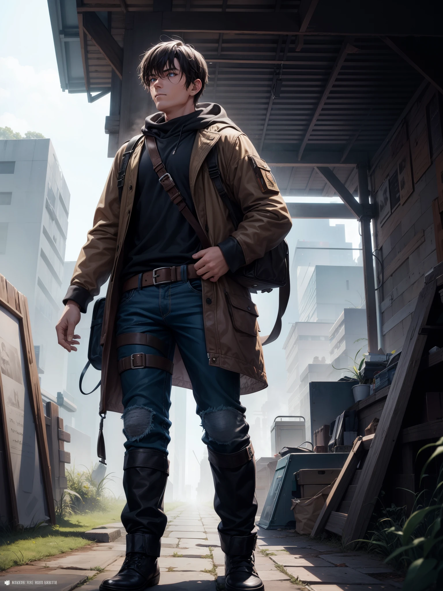 score_9, score_8_up, score_7_up, score_6_up,b0ld4n1m3,A time-traveling adventurer, dressed in rugged attire and carrying a mysterious artifact, standing confidently with one hand on their hip and the other holding the artifact, captured from a front angle with a medium shot,embedding:SDXL\Positive\OverallDetail,