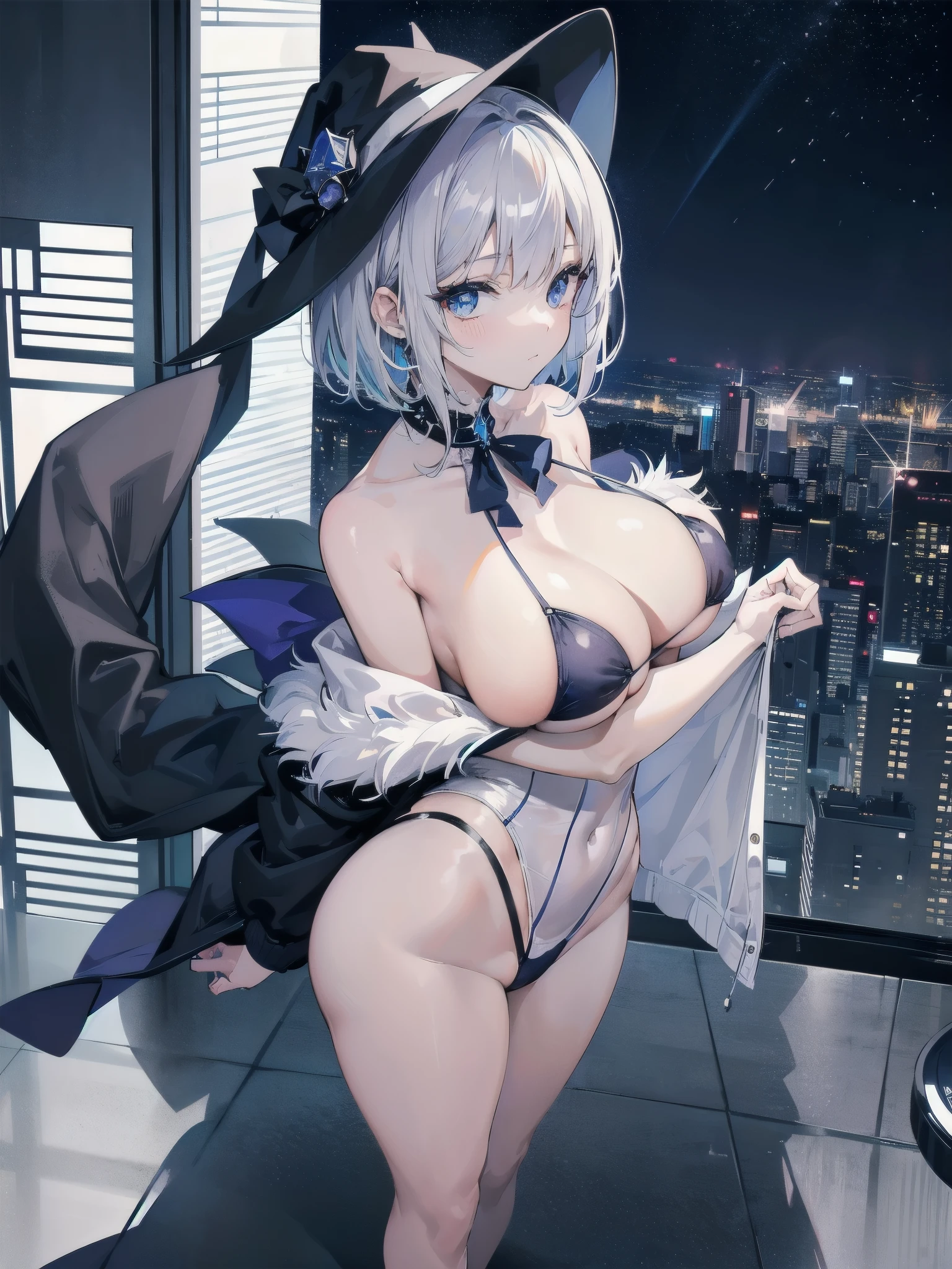 A girl stands on the rooftop of a high-rise building with a panoramic view of late-night Tokyo below.、She has a short bob with a white lob of hair and wears a large black witch hat with sapphire jewelry.、A high school student wearing a navy blue bikini-type swimsuit with a white ribbon、She wears a large witch&#39;s hat with a small sapphire accessory、A few star creams、Beautiful starry sky、Beautiful night view、large witch's hat 、Navy blue bikini pants that dig into your stomach、Small breasts、Small breasts、Navy blue swimsuit top with white frills、I see my stomach、The area around the stomach is bare skin.、Belly button、Halterneck bikini、She is wearing hot pants