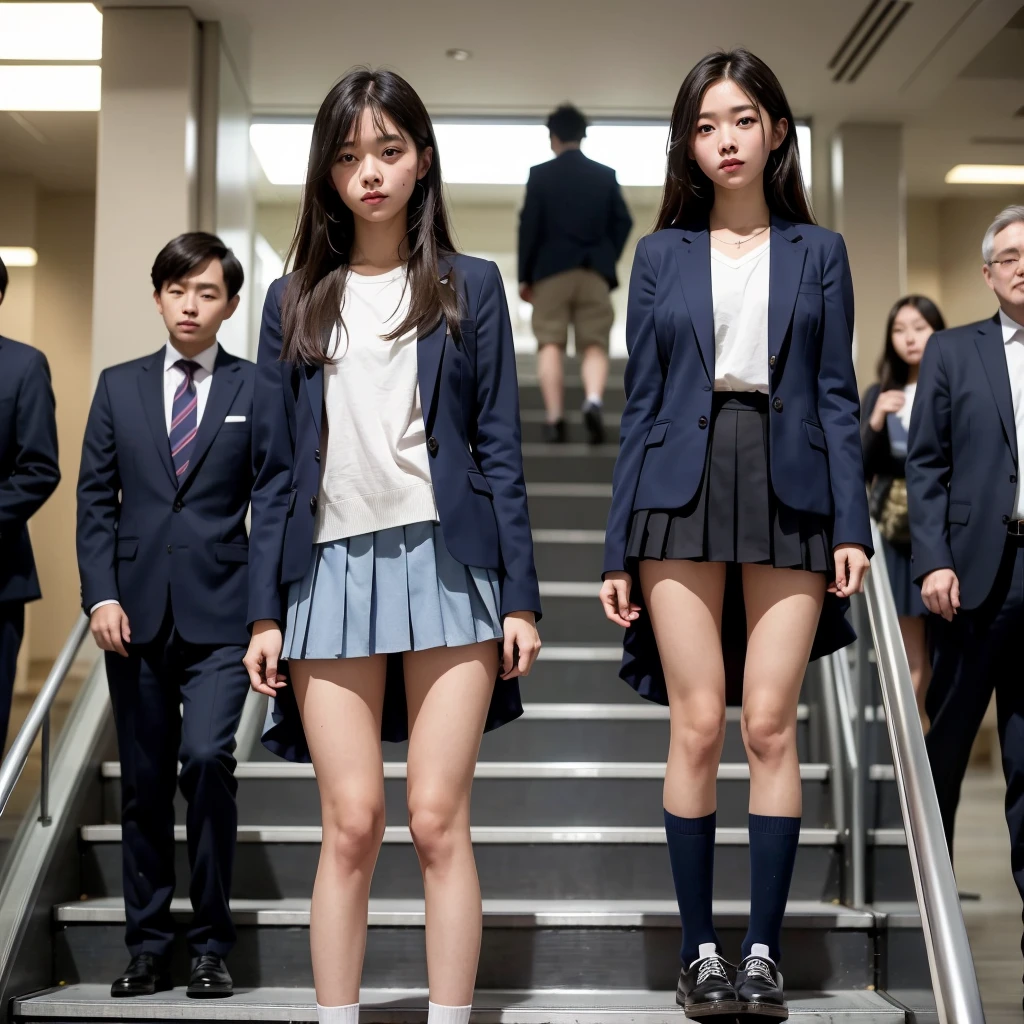((highest quality)), ((masterpiece)), (Familiar), A high school girl riding an escalator on her way to school、Glare、Navy Blazer、mini skirt、Navy blue socks、Back view、Photo secrets、(真From belowの眺め)、Navy blue socksのクローズアップ、mangaコマ割り、mangaスタイル、manga、Station Escalator、Everybody line up on the left、顔のみのコマとBack viewのコマ,(From below:0.1),(I can see the pussy line:1.3)