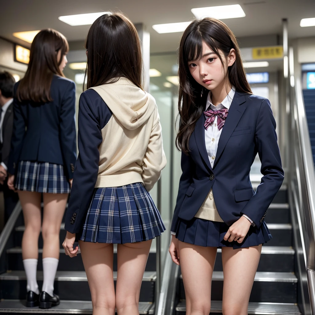 ((highest quality)), ((masterpiece)), (Familiar),  A high school girl riding an escalator on her way to school、Glare、Navy Blazer、mini skirt、Navy blue socks、Back view、Photo secrets、(真From belowの眺め)、Navy blue socksのクローズアップ、mangaコマ割り、mangaスタイル、manga、Station Escalator、Everybody line up on the left、顔のみのコマとBack viewのコマ,(From below:0.1),(I can see the pussy line:1.3)