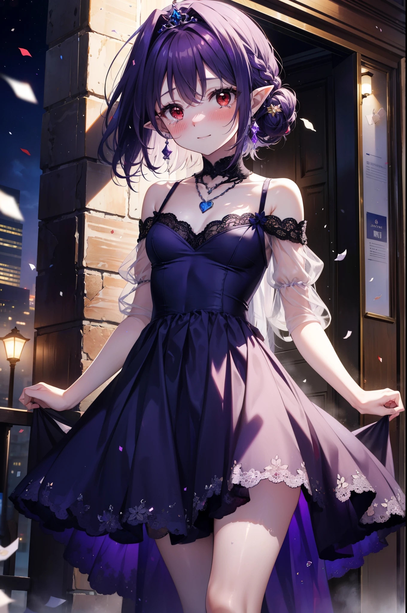 yuukikonno, Yuki Konno,Long Hair, tiara,Pointy Ears, Purple Hair, (Red eyes:1.5), (Small breasts:1.2), smile,Purple Dress,Purple long skirt,purple stiletto heels,No sleeve,Expose your shoulders,Bare arms,Bare neck,bare clavicle,Purple Hairの彼女の左手に結婚指輪をはめている, was presented before him,Heart Necklace,Tears stream down her face,Tears of joy,I cry a lot,Confetti,Romantic night view,moonlight,
break outdoors, hill,
break looking at viewer, (Cowboy Shot:1.5),
break (masterpiece:1.2), highest quality, High resolution, unity 8k wallpaper, (shape:0.8), (Beautiful details:1.6), Highly detailed face, Perfect lighting, Highly detailed CG, (Perfect hands, Perfect Anatomy),