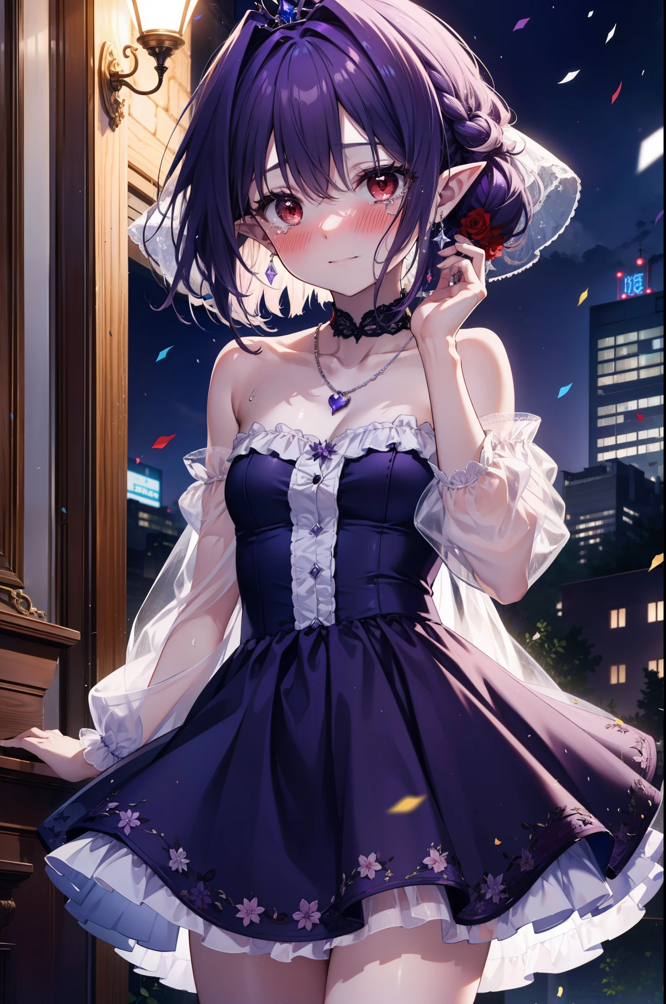 yuukikonno, Yuki Konno,Long Hair, tiara,Pointy Ears, Purple Hair, (Red eyes:1.5), (Small breasts:1.2), smile,Purple Dress,Purple long skirt,purple stiletto heels,No sleeve,Expose your shoulders,Bare arms,Bare neck,bare clavicle,Purple Hairの彼女の左手に結婚指輪をはめている, was presented before him,Heart Necklace,Tears stream down her face,Tears of joy,I cry a lot,Confetti,Romantic night view,moonlight,
break outdoors, hill,
break looking at viewer, (Cowboy Shot:1.5),
break (masterpiece:1.2), highest quality, High resolution, unity 8k wallpaper, (shape:0.8), (Beautiful details:1.6), Highly detailed face, Perfect lighting, Highly detailed CG, (Perfect hands, Perfect Anatomy),