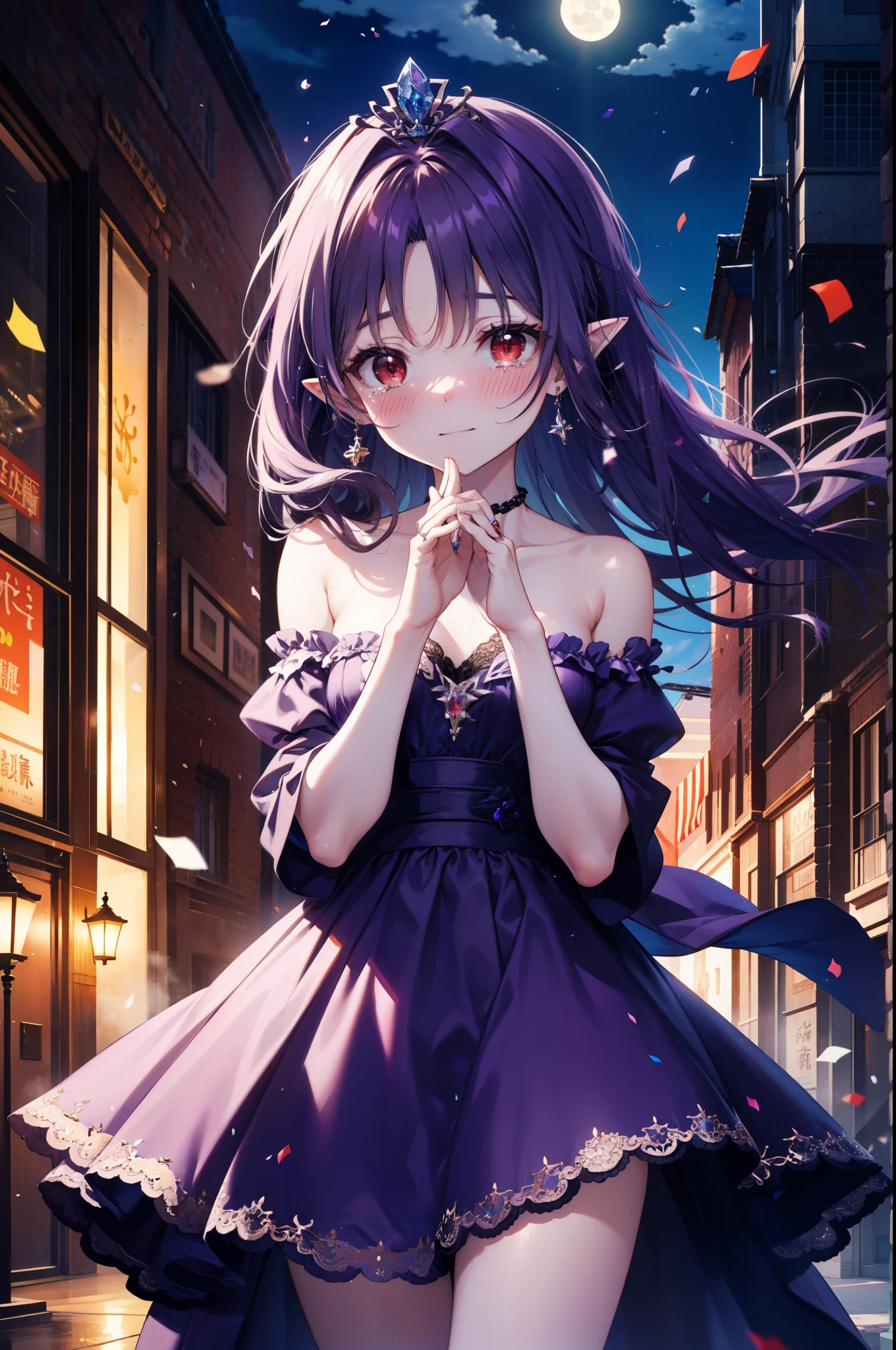 yuukikonno, Konno Yuuki,Long Hair, tiara,Pointed Ears, Purple Hair, (Red eyes:1.5), (Small breasts:1.2), smile,Purple Dress,Purple Long Skirt,Purple stiletto heels,Sleeveless,Expose your shoulders,Bare arms,Bare neck,bare clavicle,He is wearing a wedding ring on his left hand, held out in front of him,Heart Necklace,Tears stream down her face,Tears of joy,I cry a lot,Romantic night view,moonlight,
break outdoors, hill,
break looking at viewer, (Cowboy Shot:1.5),
break (masterpiece:1.2), highest quality, High resolution, unity 8k wallpaper, (shape:0.8), (Beautiful details:1.6), Highly detailed face, Perfect lighting, Extremely detailed CG, (Perfect hands, Perfect Anatomy),
