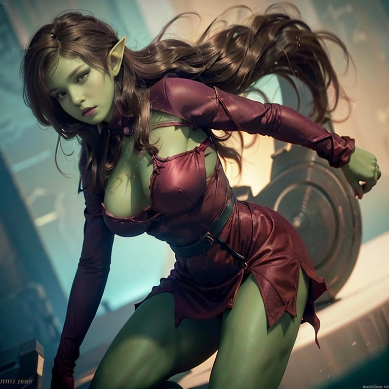 hyper realistic, 16k, best quality, masterpiece, (photorealistic:1.4), 1girl (alternative elf), Pretty young, Dream aesthetic, solo, long volumous red silky hair (realistic texture), pointed ears, realistic eyes, green skin, illuminated skin, realistic shading, (modern) black gothic dress (realistic textures), big hips, tights. waist up, dramatic lighting, from below, front, front view, multiple different poses at different angles, glowing skin, front, back lighting, athletic figure, muscular female, curvy, wide hips, colorful, looking at viewer, Hyperrealistic, gradient background, dark background, outline, cinematic lighting, (chromatic aberration, intricate details)