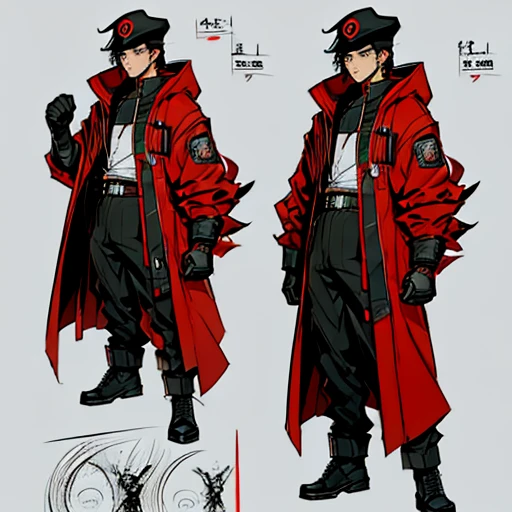 (manga style,concept art),young man with black hair,hooded coat down,pupils,red boxing gloves ,Soldier hat