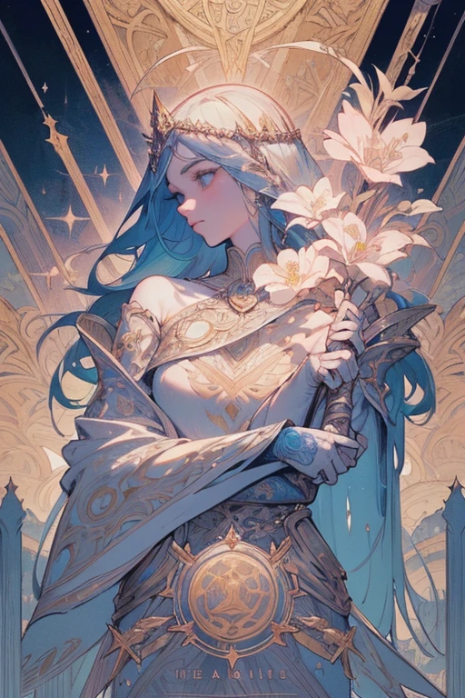 Gorgeous and beautiful Valkyrie warrior queen tarot card, Fractal Magic, Travis Charest style illustration, Ink line art, Poster, Elle Fanning Model, society, Fantasy art, detailed illustration, Mysterious, Botanical masterpiece, detailed, Surreal, Elements of symbolism and surrealism, Intricate Design, Intertwined, Beautiful woman, Flowers, pastel.Strong contrast、Beauty、Sharp、