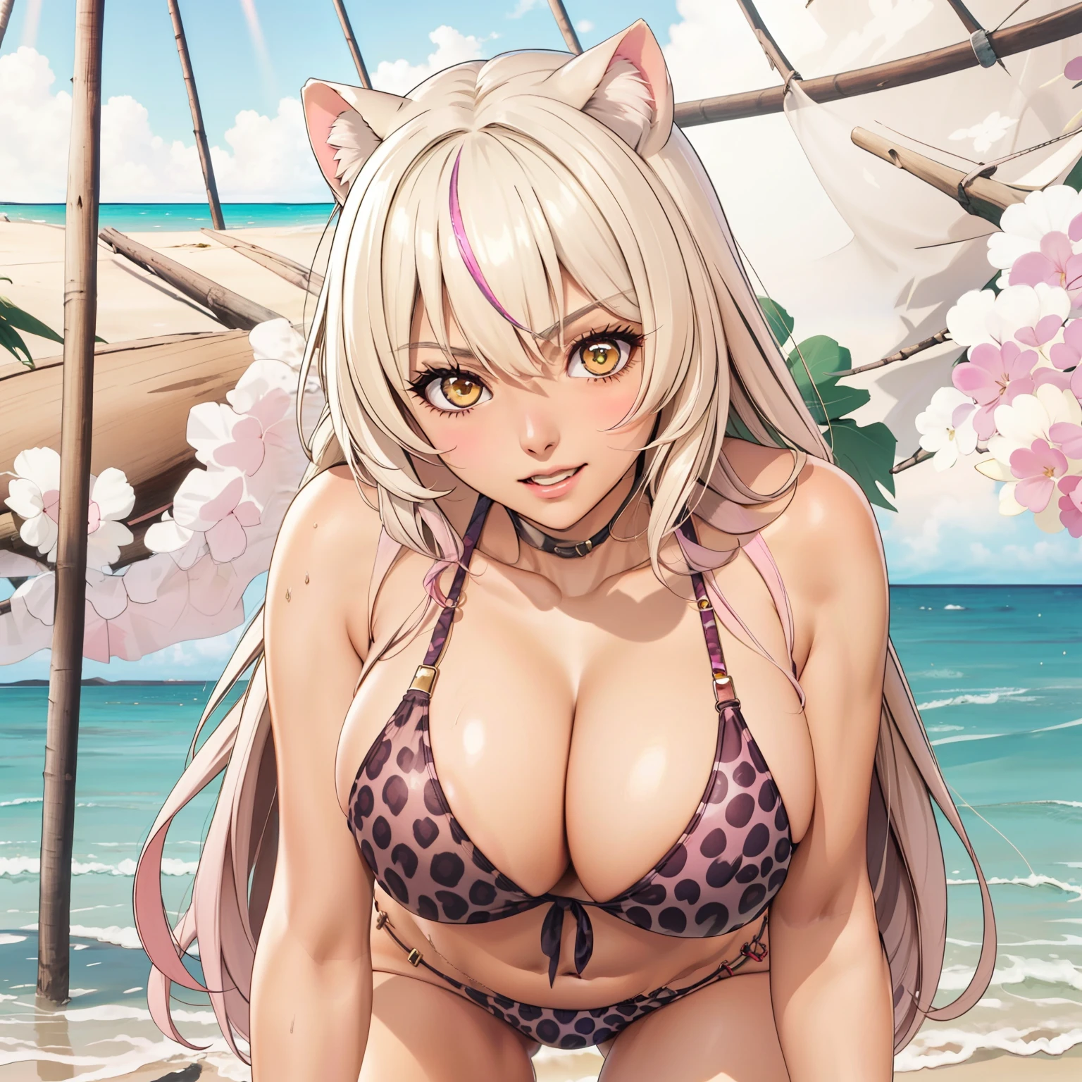 Raphtalia woman 29 years old blonde hair with pink tips , orejas de gato, ojos amarillos, piel morena, piel bronceada, piel morena pechos grandes , yellow leopard bikini, sonrisa, manos en las caderas., background a tropical beach sunny day. ojos dorados brillantes. pechos grandes. una sola mujer esta sola. orejas de gato.