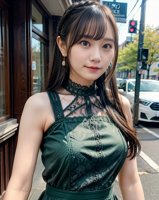 a woman posing on the street corner with green dress on, best quality, high res, 8k, 1girl, (huge breasts), day, bright, outdoor, (street:0.8), (people, crowds:1), (lace-trimmed dress:1.5, green clothes:1.5, yellow high-neck dress:1.5, sleeveless dress, green: 1.5), gorgeous, (braided hair), beautiful detailed sky, beautiful earrings, (dynamic pose:0.8), (upper body:1.2), soft lighting, wind, shiny skin, looking at viewer,  serious face, 