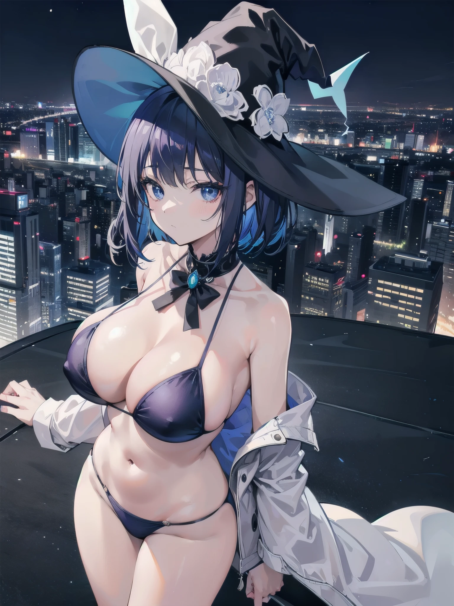 A girl stands on the rooftop of a high-rise building with a panoramic view of late-night Tokyo below.、She has a short bob with a white lob of hair and wears a large black witch hat with sapphire jewelry.、A high school student wearing a navy blue bikini-type swimsuit with a white ribbon、She wears a large witch&#39;s hat with a small sapphire accessory、A few star creams、Beautiful starry sky、Beautiful night view、large witch's hat 、Navy blue bikini pants that dig into your stomach、Small breasts、Small breasts、Navy blue swimsuit top with white frills、I see my stomach、The area around the stomach is bare skin.、Belly button、Halterneck bikini、She is wearing hot pants