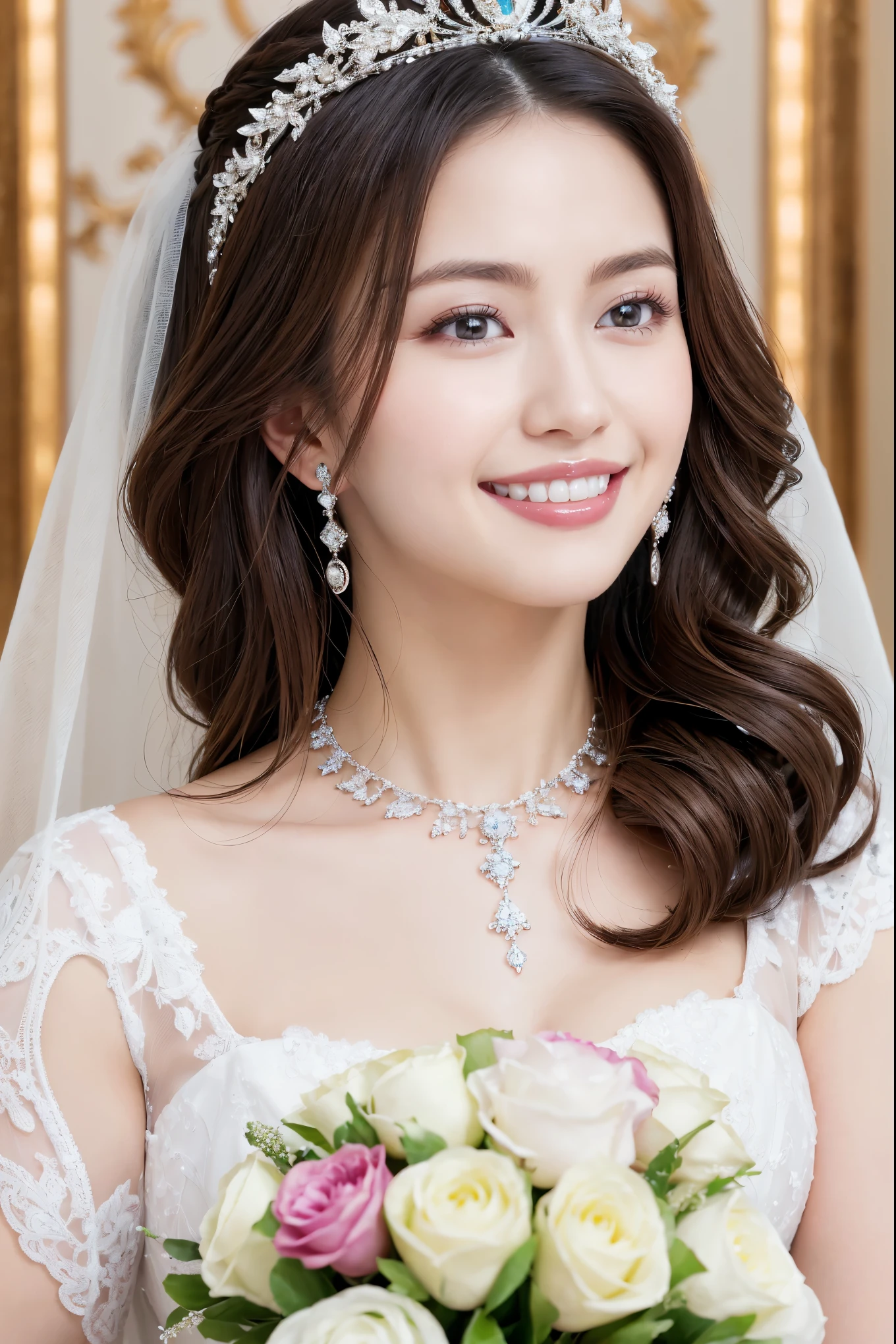 (highest quality、Tabletop、8k、Best image quality、Award-winning works)、One beautiful bride、(alone:1.1)、(The most extravagant and gorgeous huge wedding dresses:1.1)、(Perfect Wedding Lace:1.2)、(The most extravagant and luxurious giant tiara:1.1)、(The most luxurious and extravagant giant necklace:1.1)、The most beautiful smile is looking at me、A large selection of the finest jewellery、(Full body photo of the bride:1.1)、Perfect Makeup、Long eyelashes、Ultra HD Shining Eyes、Ultra HD Hair、Ultra High Resolution Glossy Lips、Ultra High Resolution Perfect Teeth、Beautiful face in ultra-high definition、(Accurate anatomy:1.1)、(Very bright and beautiful skin:1.2)、(very bright and vivid:1.2)