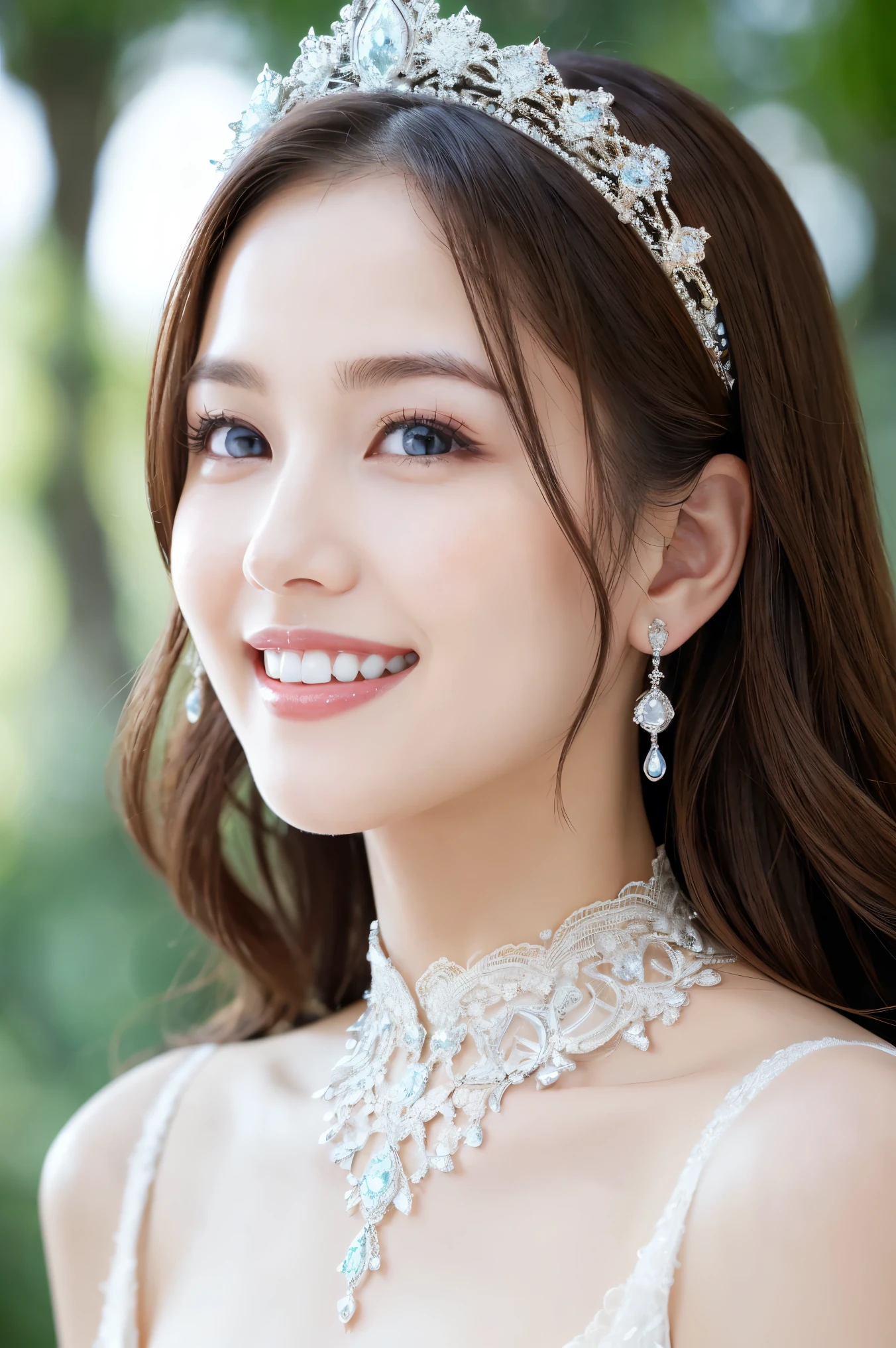 (highest quality、Tabletop、8k、Best image quality、Award-winning works)、One beautiful bride、(alone:1.1)、(The most extravagant and gorgeous huge wedding dresses:1.1)、(Perfect Wedding Lace:1.2)、(The most extravagant and luxurious giant tiara:1.1)、(The most luxurious and extravagant giant necklace:1.1)、The most beautiful smile is looking at me、A large selection of the finest jewellery、Perfect Makeup、Long eyelashes、Ultra HD Shining Eyes、Ultra HD Hair、Ultra High Resolution Glossy Lips、Ultra High Resolution Perfect Teeth、Beautiful face in ultra-high definition、(Accurate anatomy:1.1)、(Very bright and beautiful skin:1.2)、(very bright and vivid:1.2)