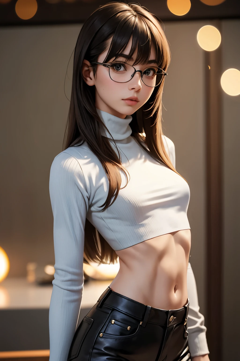 1girl, (skinny body : 1.2), (small breasts : 1.5), flat abs,long hair with bangs,wearing glasses, turtleneck crop top, portrait,bokeh