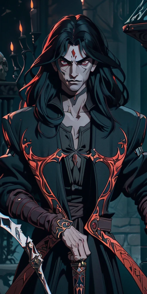 Develop an image depicting Alucard, the protagonist of Castlevania: Symphony of the Night, in a lateralized pose, showcasing his entire body. The image should convey the character's dark duality, inviting the viewer to delve into his mind and experiences. Alucard is portrayed amidst a gothic and mysterious environment, with details that emphasize the consequences of his cursed heritage. Show Alucard wielding a variety of weapons and magic. Describe reflections on his own identity and purpose. Create an immersive atmosphere filled with mysteries, capturing the gothic and dark world of Dracula's Castle. Capture the complexity of Alucard's character, his internal motivations, and the evolution of his journey. Leave room for surprising twists and emotional moments that define this iconic figure. Transport viewers into the world of Castlevania: Symphony of the Night, allowing them to explore the rich psychology and adventures of this captivating character.