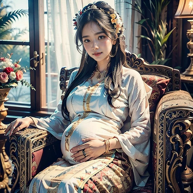 (pregnant woman, elegant, sitting on a comfortable armchair), (beautiful detailed eyes, gentle smile, motherly expression), (long flowing hair, neatly styled), (radiant pregnancy glow), (soft, warm lighting), (artistic illustration), (vivid colors, pastel tones), (floral patterns, elegant decor), (ultra-detailed, realistic), (professional-quality, high resolution), (bokeh effect for depth and atmosphere), (serene and peaceful atmosphere).