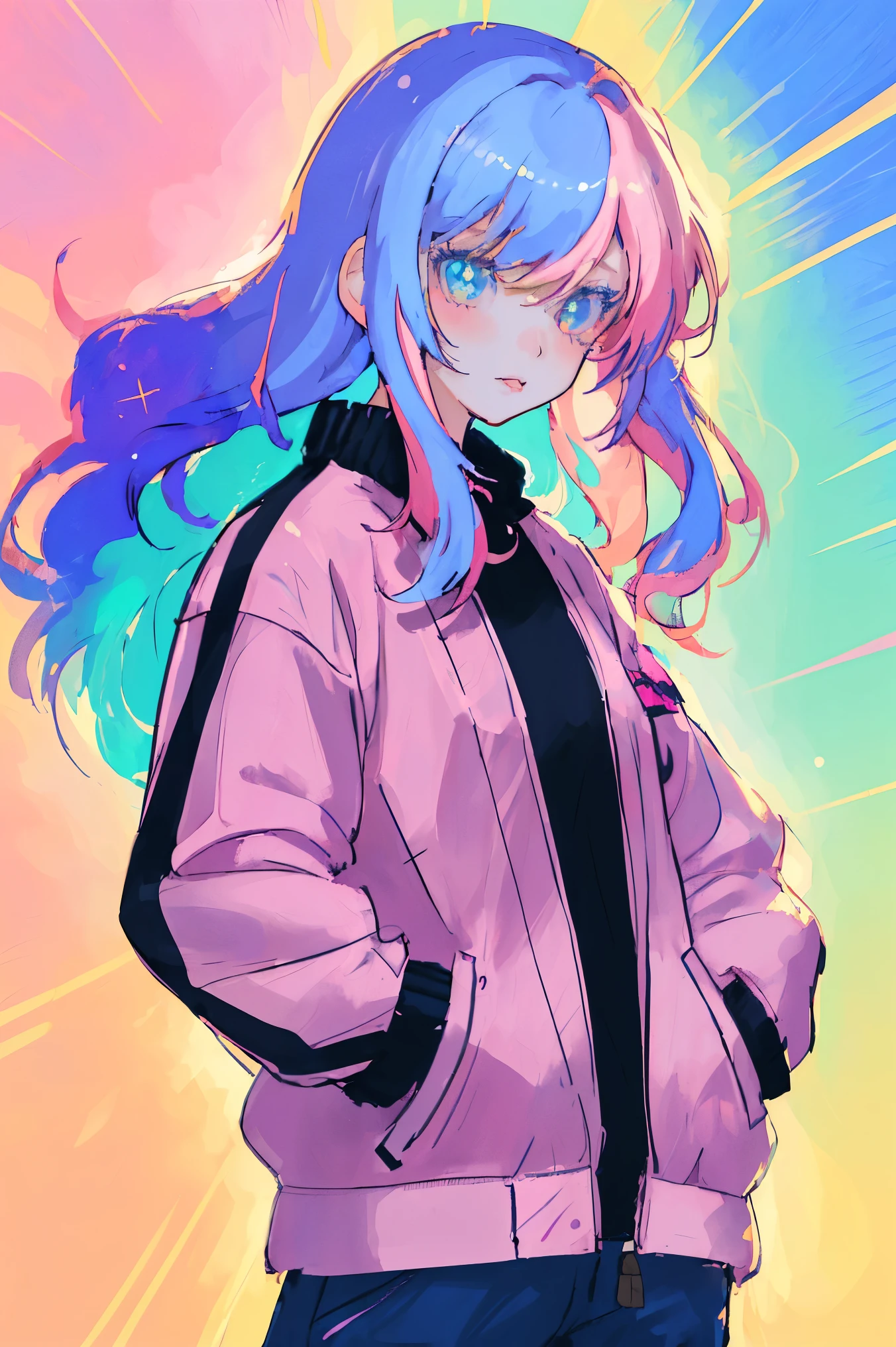 1 Girl,anime,Portraiture,Colorful Hair,Colorful jacket,Hands in pockets,Kemomimi,Beautiful fine details,Beautiful lip detail,Beautiful medium-long hair,Vibrant colors,Playful expressions,Moderate:anime-style,Soft pastel tones,Soft lighting,Gorgeous Background,Sparkling eyes,Fun and upbeat atmosphere