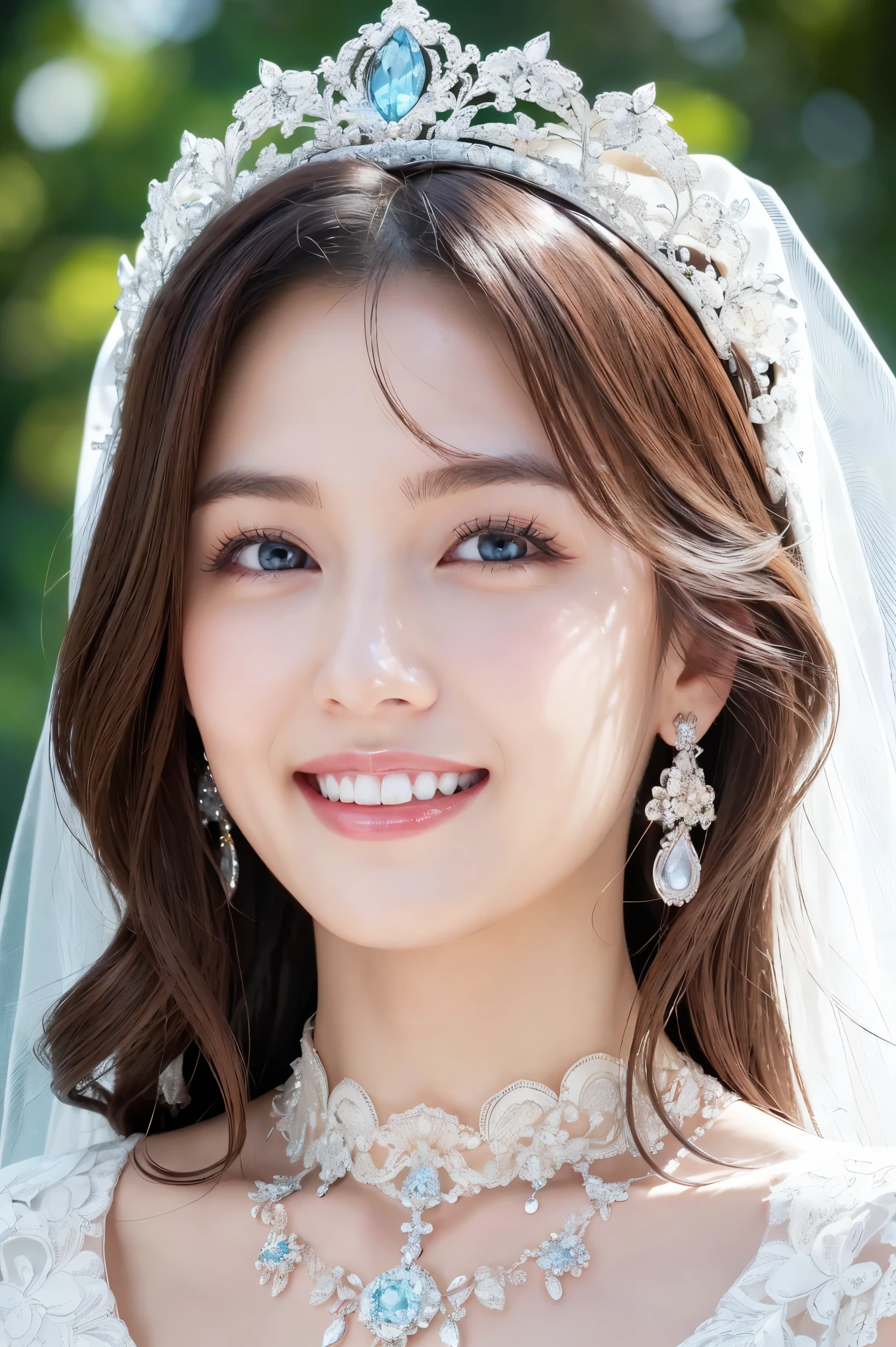 (highest quality、Tabletop、8k、Best image quality、Award-winning works)、One beautiful bride、(alone:1.1)、(The most extravagant and gorgeous huge wedding dresses:1.1)、(Perfect Wedding Lace:1.2)、(The most extravagant and luxurious giant tiara:1.1)、(The most luxurious and extravagant giant necklace:1.1)、The most beautiful smile is looking at me、A large selection of the finest jewellery、Perfect Makeup、Long eyelashes、Ultra HD Shining Eyes、Ultra HD Hair、Ultra High Resolution Glossy Lips、Ultra High Resolution Perfect Teeth、Beautiful face in ultra-high definition、(Accurate anatomy:1.1)、(Very bright and beautiful skin:1.2)、(very bright and vivid:1.2)