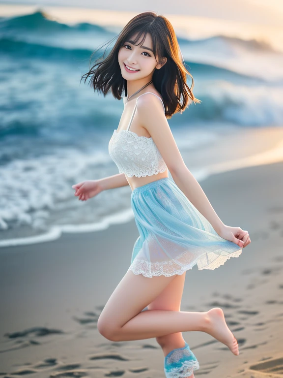 Photo-realistic quality、There is a woman running on the beach, Cute Core, Gorgeous Young Japanese Woman, Slim girl model photo, Beautiful Japanese Women, cute beautiful, Beautiful cute, Beautiful girl idol, Wearing a sheer white lace top、White and light blue checked mini skirt、looking at the camera、Soft and gentle expression、Detailed and beautiful eyes、Cute Smile