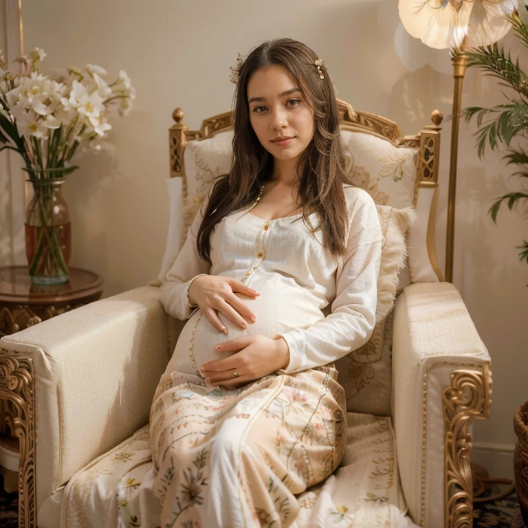 (pregnant woman, elegant, sitting on a comfortable armchair), (beautiful detailed eyes, gentle smile, motherly expression), (long flowing hair, neatly styled), (radiant pregnancy glow), (soft, warm lighting), (artistic illustration), (vivid colors, pastel tones), (floral patterns, elegant decor), (ultra-detailed, realistic), (professional-quality, high resolution), (bokeh effect for depth and atmosphere), (serene and peaceful atmosphere).