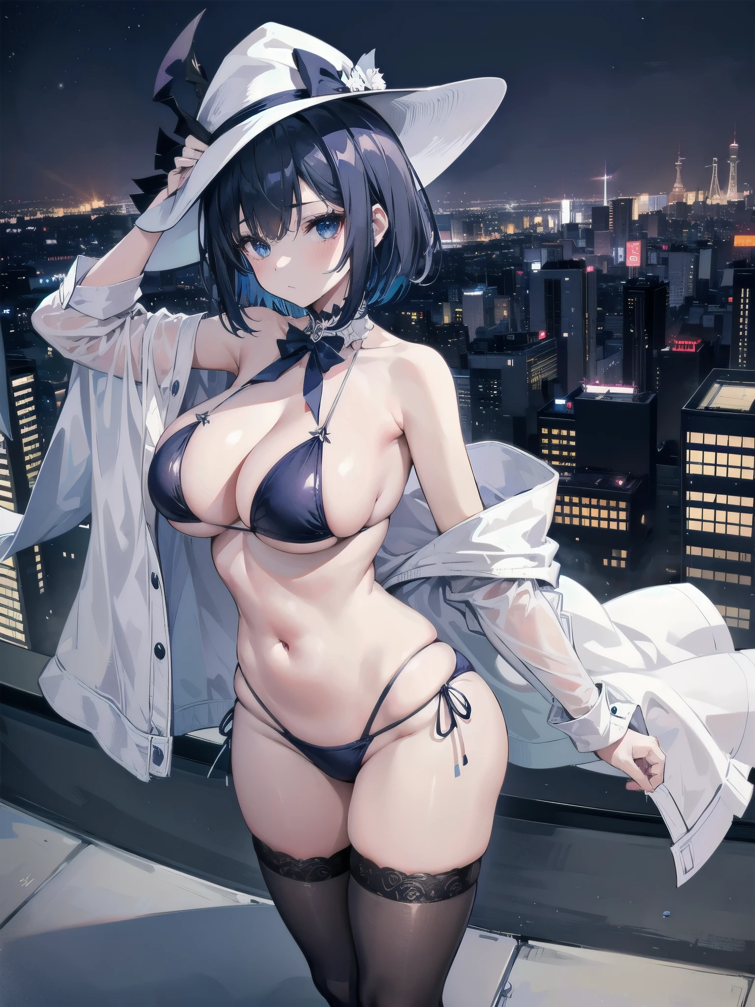 A girl stands on the rooftop of a high-rise building with a panoramic view of late-night Tokyo below.、She has a short bob with a white lob of hair and wears a large black witch hat with sapphire jewelry.、A high school student wearing a navy blue bikini-type swimsuit with a white ribbon、She wears a large witch&#39;s hat with a small sapphire accessory、A few star creams、Beautiful starry sky、Beautiful night view、large witch's hat 、Navy blue bikini pants that dig into your stomach、Small breasts、Small breasts、Navy blue swimsuit top with white frills、I see my stomach、The area around the stomach is bare skin.、Belly button、Halterneck bikini、She is wearing hot pants