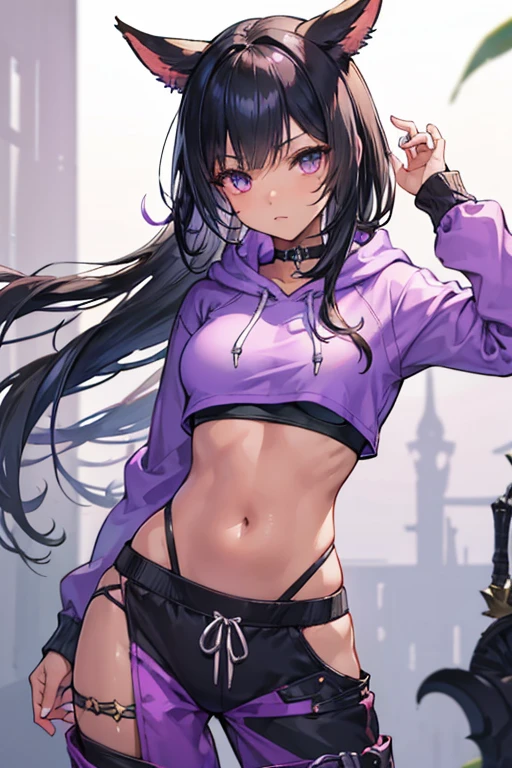 FFXIV Miqo'te with a lithe body, black hair, beautiful face, small breasts and tanned brown skin, wearing a light purple crop top and a crop hoodie and light purple low cut trackpants