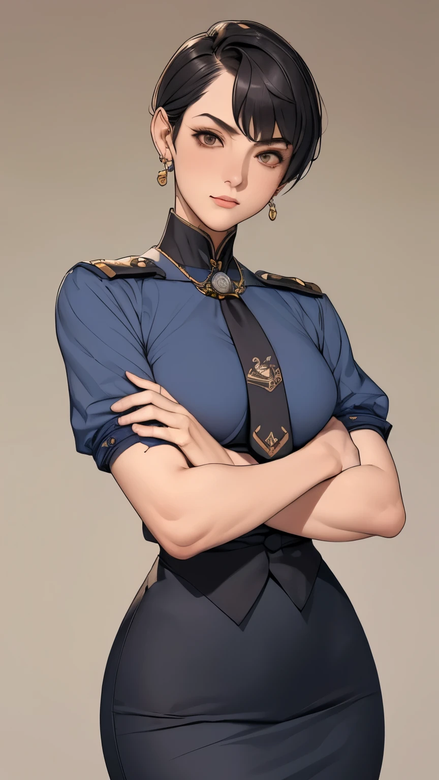 (masterpiece:1.3), (disorganized:1.3), (highest quality:1.3),(perfect anatomy:1.5),perfect finger,(detailed face), solo,1 middle age woman around 50 years old,Naval officer,(Steam Punk), (Victorian era),Old Hong kong,(Kowloon area),horizontal angle,((looking at viewer)), (Super detailed:1.3),(best shadow:0.7),(small breasts),black hair,bob cut,(pompadour),fine eyes, beautiful eyes, 1 mature woman, ((saggy small breasts)),(musculr),alone, standing, crystal earrings,closed_mouth, arm_behind_return,Naval officer uniform,insignia,pencil skirt,tie,rest outdoors, intimidating pose,cowboy shot