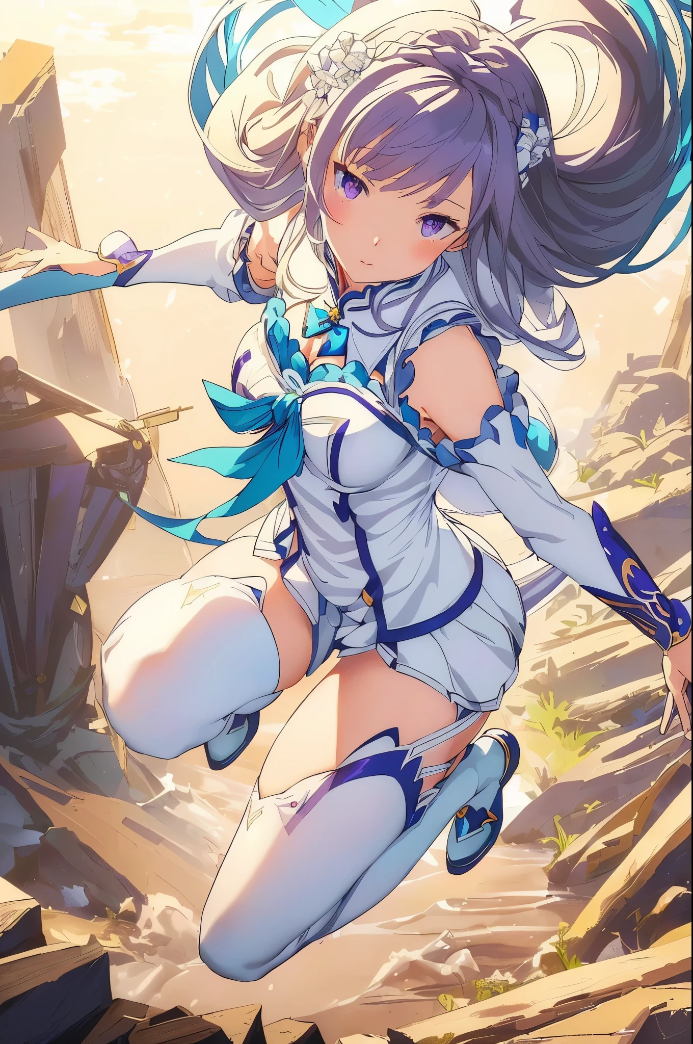 Emilia re:zero, purple eyes, Emilia, crown braid, x hair ornament, flower hair ornament, white hair, long hair, medium breasts, anime girl with big ass in blue and white outfit, beautiful anime girl squatting, thick smooth warframe thighs, biomechanical oppai, smooth anime cg art, seductive anime girl, beautiful alluring anime woman, portrait knights of zodiac girl, knights of zodiac girl, chun li, azur lane style, female action anime girl, ayaka genshin impact