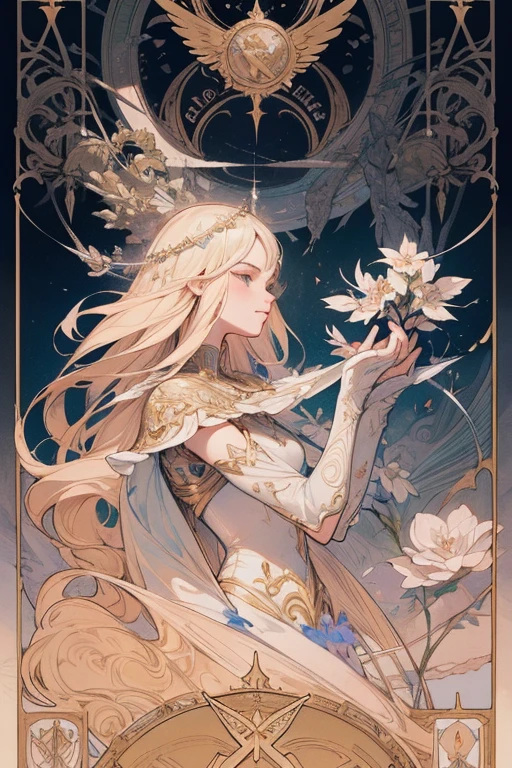 Gorgeous and beautiful Valkyrie warrior queen tarot card, Fractal Magic, Travis Charest style illustration, Ink line art, Poster, Elle Fanning Model, society, Fantasy art, detailed illustration, Mysterious, Botanical masterpiece, detailed, Surreal, Elements of symbolism and surrealism, Intricate Design, Intertwined, Beautiful woman, Flowers, pastel.Strong contrast、Beauty、Sharp、
