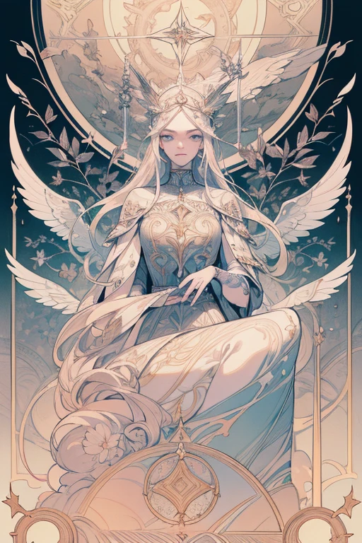 Gorgeous and beautiful Valkyrie warrior queen tarot card, Fractal Magic, Travis Charest style illustration, Ink line art, Poster, Elle Fanning Model, society, Fantasy art, detailed illustration, Mysterious, Botanical masterpiece, detailed, Surreal, Elements of symbolism and surrealism, Intricate Design, Intertwined, Beautiful woman, Flowers, pastel.Strong contrast、Beauty、Sharp、