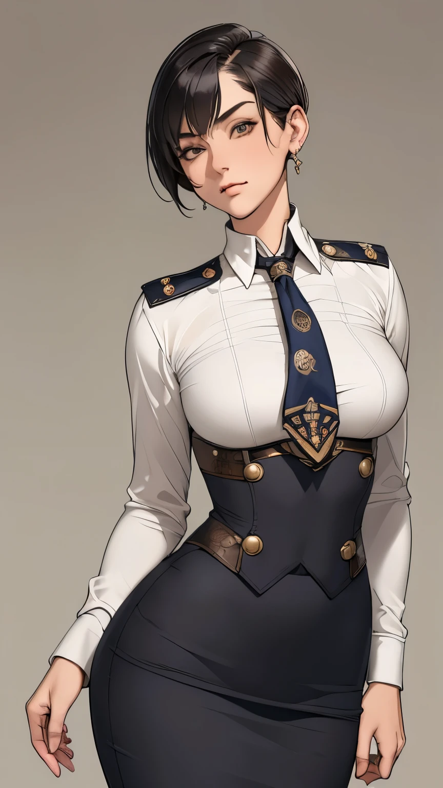 (masterpiece:1.3), (disorganized:1.3), (highest quality:1.3),(perfect anatomy),detailed face,Steam punk, victorian era,Hong kong,horizontal angle,hands,((looking at viewer)), (Super detailed:1.3),(best shadow:0.7), solo,1 middle aged woman,saggy small breast,(treated hair), pixie cut,fine eyes, beautiful eyes, 1 middle aged woman, ((saggy small breast)),naval officer,alone, standing, crystal earrings,closed_mouth, arm_behind_return, (naval uniform,pencil skirt,tie), rest outdoors, intimidating pose,cowboy shot