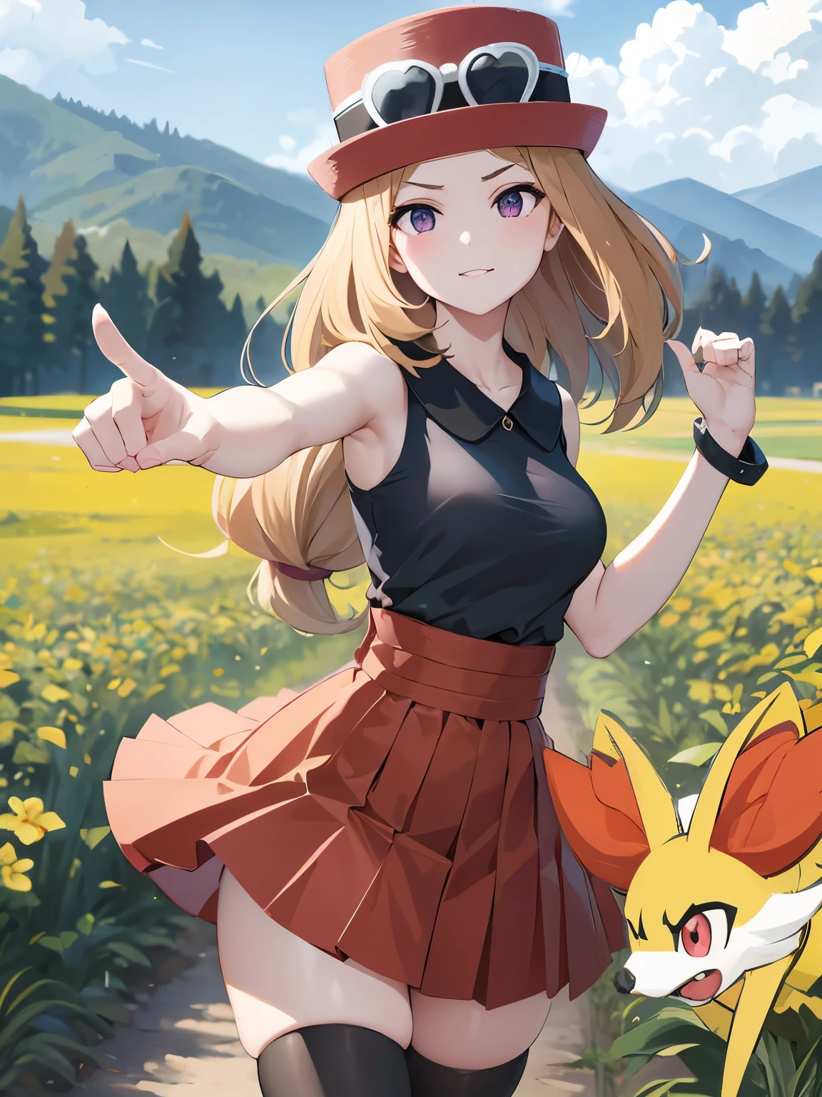 Serena, Large Breasts，High heel，Asian squat，Open your legs，Black pantyhose, pink heart eyes, eyes turned up, no underwear