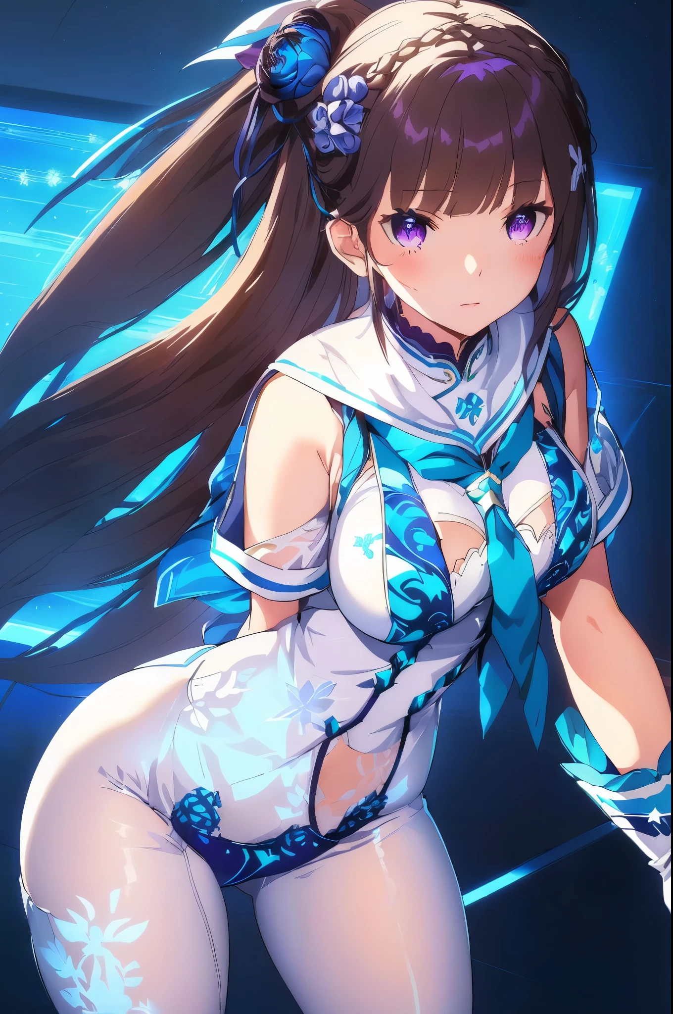 Emilia re:zero, purple eyes, Emilia, crown braid, x hair ornament, flower hair ornament, white hair, long hair, medium breasts, anime girl with big ass in blue and white outfit, beautiful anime girl squatting, thick smooth warframe thighs, biomechanical oppai, smooth anime cg art, seductive anime girl, beautiful alluring anime woman, portrait knights of zodiac girl, knights of zodiac girl, chun li, azur lane style, female action anime girl, ayaka genshin impact