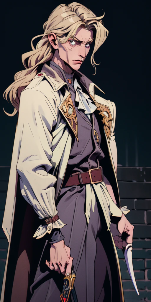 Prompt:
Generate an image of a physically young man with long blond hair. His most recurring attire is from Castlevania: Symphony of the Night, which, according to the game's setting, consists of 18th-century-style clothing. He wears a black jacket with side seams held together by four square brooches running vertically down, along with a belt. Around his neck, he wears a large white cravat. Over the jacket, he dons a long overcoat with a decorative pattern.
In addition to his clothing, he also wears a cape resembling that of Bela Lugosi. The weapon he commonly wields is the Sword, a family heirloom from his mother.
Create the image in a Bishōnen artistic style.