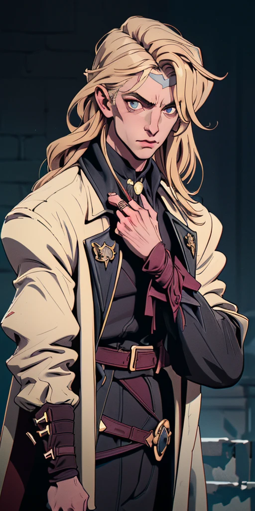 Prompt:
Generate an image of a physically young man with long blond hair. His most recurring attire is from Castlevania: Symphony of the Night, which, according to the game's setting, consists of 18th-century-style clothing. He wears a black jacket with side seams held together by four square brooches running vertically down, along with a belt. Around his neck, he wears a large white cravat. Over the jacket, he dons a long overcoat with a decorative pattern.
In addition to his clothing, he also wears a cape resembling that of Bela Lugosi. The weapon he commonly wields is the Sword, a family heirloom from his mother.
Create the image in a Bishōnen artistic style.