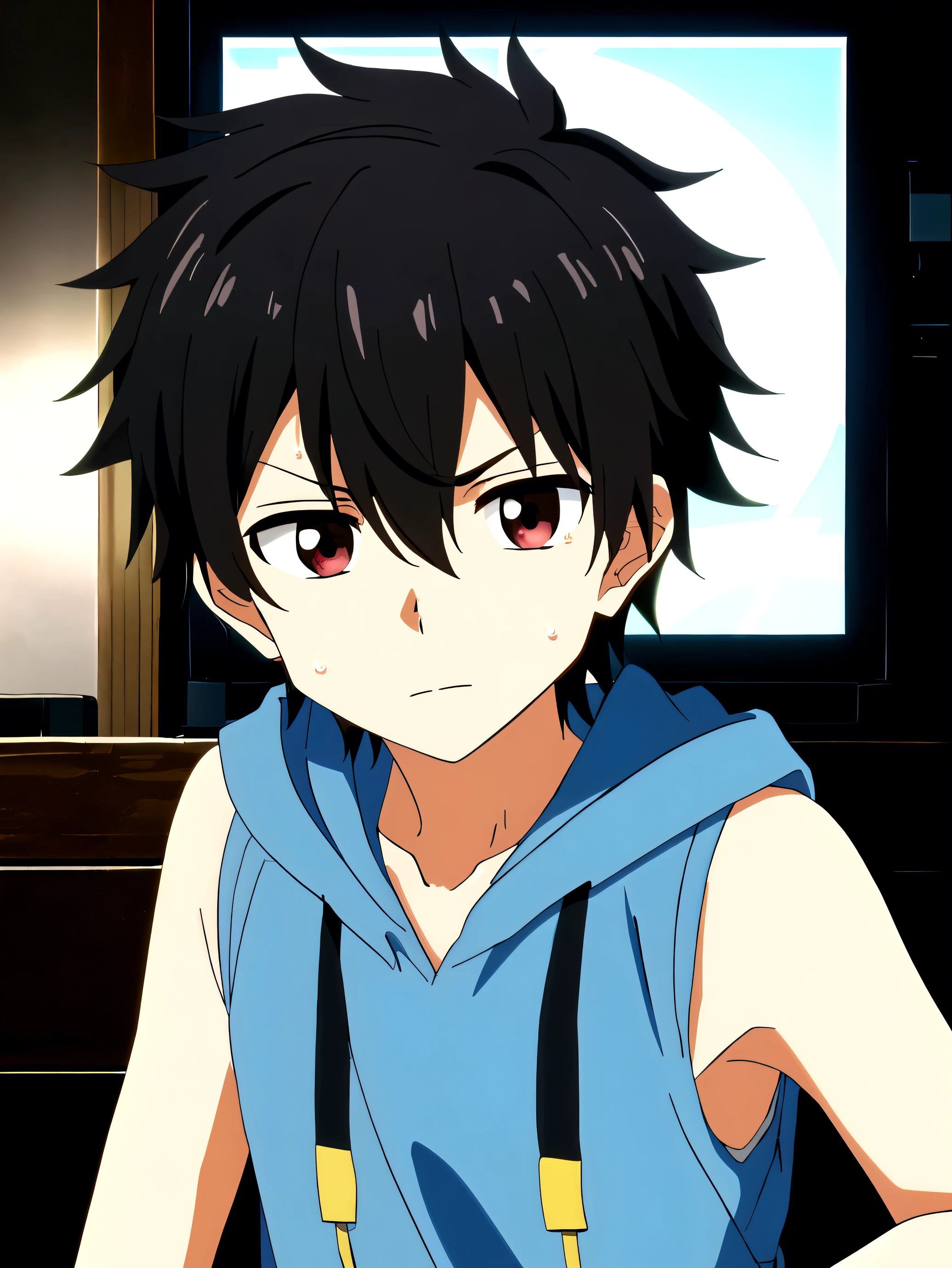 Highres, Masterpiece, Best quality at best,Best Quality,hight quality, hight detailed, 1boy, Boy,Messy hair, Side bangs, Shota, Sweat, Sleeveless hoodie, Glove, Depth of field, Anime screencap style, thin line, Seen from the front, Little sweat, Bandages on face, Cute boy, (very small and short stature), (very young boy), 12-year-old boys, Blurry and simple beckground, bokeh, Uhd