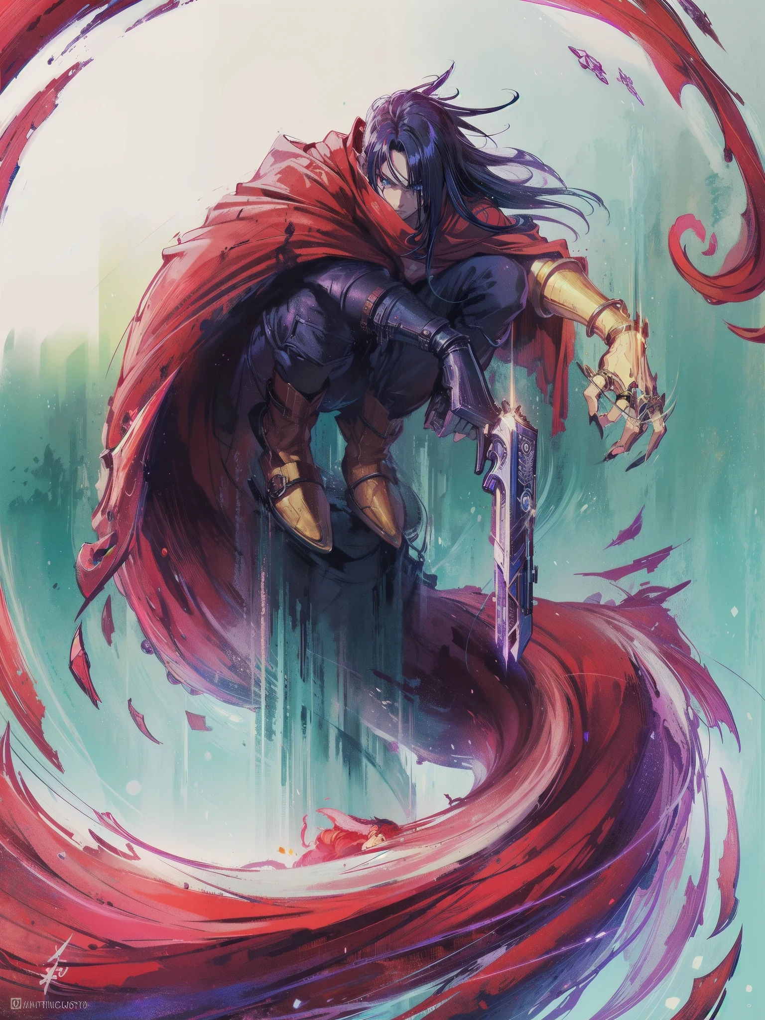 (absurdos, Altas Resoluciones, Ultra detallado, HDR), Obra maestra, La mejor calidad, final fantasy vii, vincent valentine, 1hombre solamente, guapo, pelo largo, cabello ?????, Ojos rojos vibrantes, ojos finos y cara detalladas, Armadura, ((Arma intrincada)), revolver, agazapado con la capa roja ondeando. Final Fantasy, abs, badass pose, Personaje masculino de anime, Badass Anime 8K, Arte detallado del personaje de anime, Concepto de anime HDR Anime MacManus, Chico anime, Ikuto Yamashita, Anime CG arte suave, Fondo de pantalla de manga 4 k, inspirado por Yamagata Hiro, Wallaper de animea painting of a man with a sword and a red cape, son of sparda, epic anime style, anime epic artwork, epic fantasy digital art style, advanced digital anime art ”, portrait of ninja slayer, hero 2 d fanart artsation, epic fantasy style art, epic fantasy art style, high quality colored sketch, akira from chinese mythology, epic full color illustration