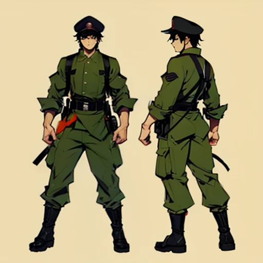 ((manga style,concept art)),young man with short black hair ,Soldier hat 