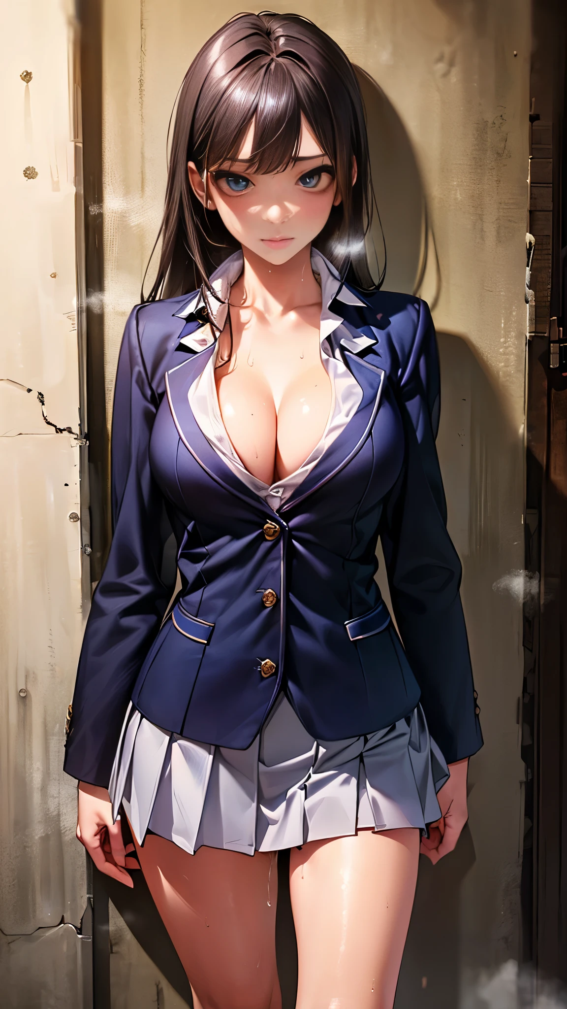 ((perfect anatomy:1.2,realistic:1.3,RAW Photography:1.3,masterpiece、highest quality、Ultra - High resolution、High resolution、Highly detailed CG、8K)),cowboy shot,1 female,solo,18-year-old、High school girl beautiful girl,Japanese,((beautiful detailed face and eyes:1.2,big gorgeous eyes:1.3,)),slender body,small head:1.3,skinny, (oily skin,gleaming skin,shiny skin,sweat:1.2),(school uniform、Dark blue blazer jacket、pleats mini skirt),standing,dirty back alley、at night、Tokyo、(((Big Breasts、Big cleavage)))、sexy、((steam,sweat,Vulgarity))
